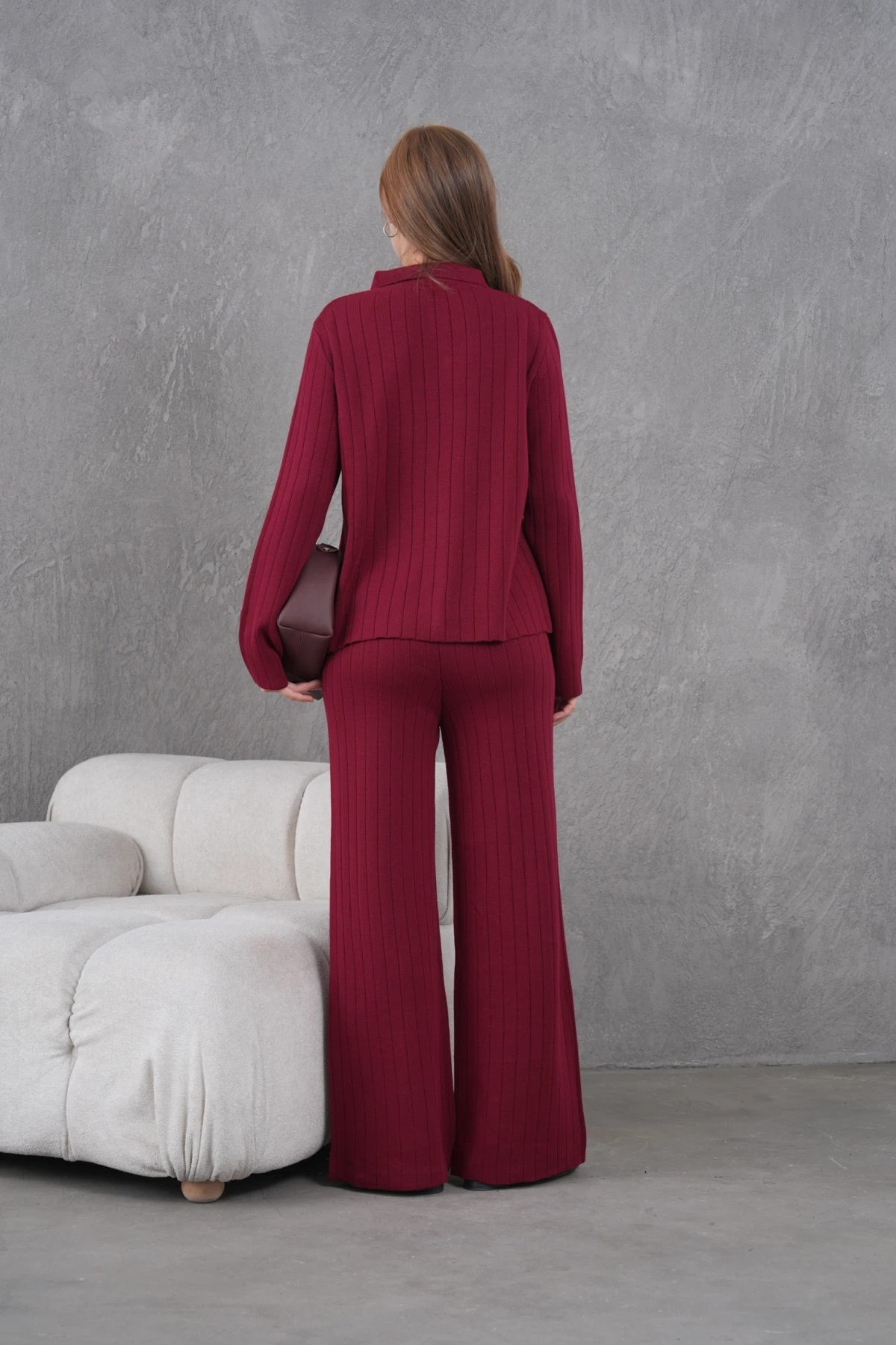 Kadın Gömlek Yaka Düğme Kapama Desenli Ceket Pantolon İkili Triko Takım