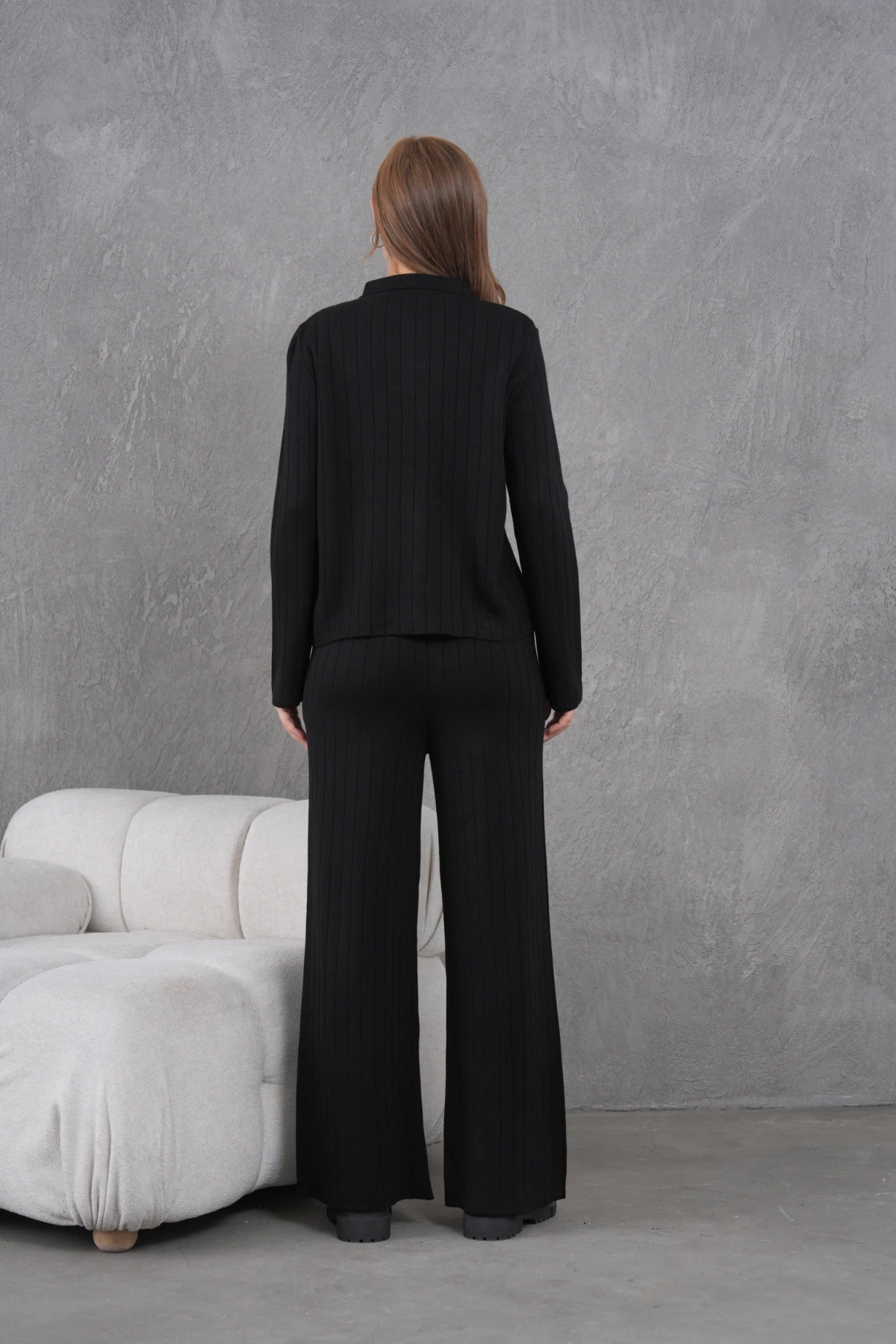 Kadın Gömlek Yaka Düğme Kapama Desenli Ceket Pantolon İkili Triko Takım