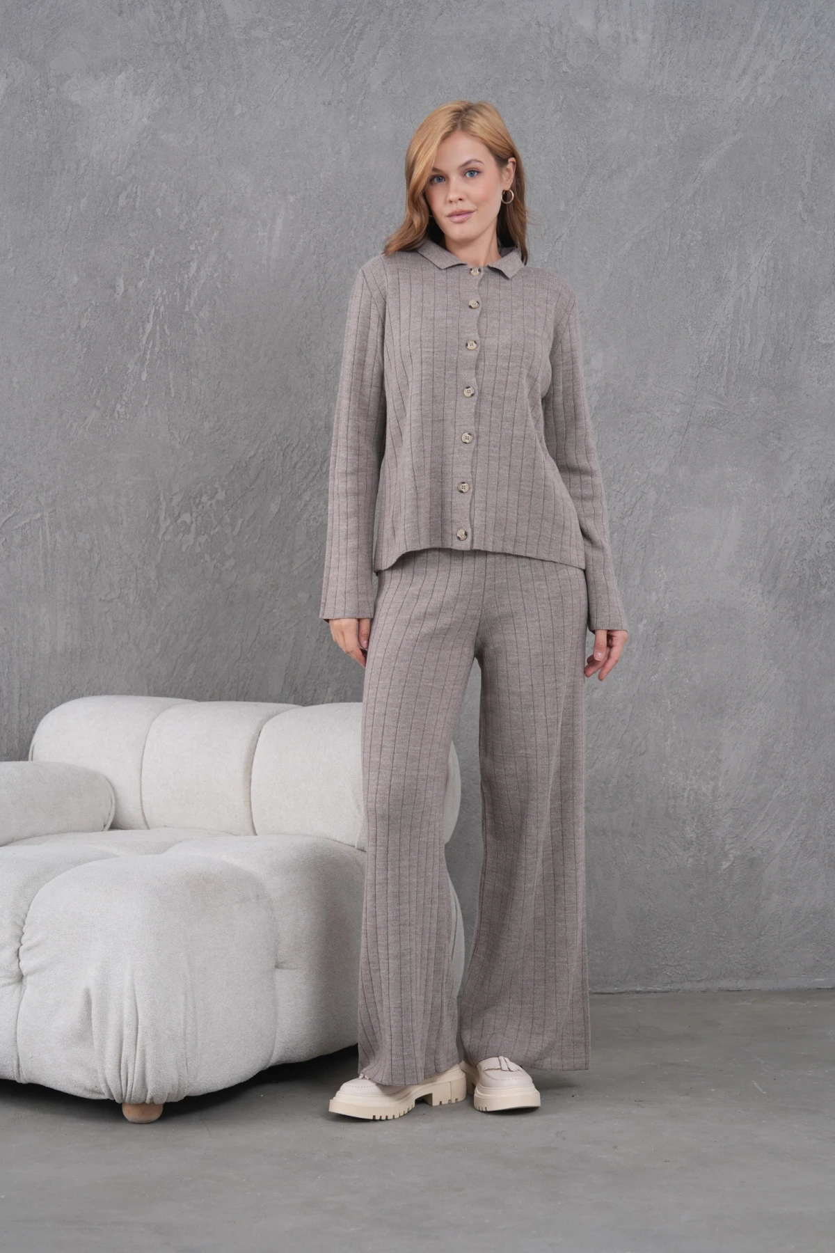 Kadın Gömlek Yaka Düğme Kapama Desenli Ceket Pantolon İkili Triko Takım