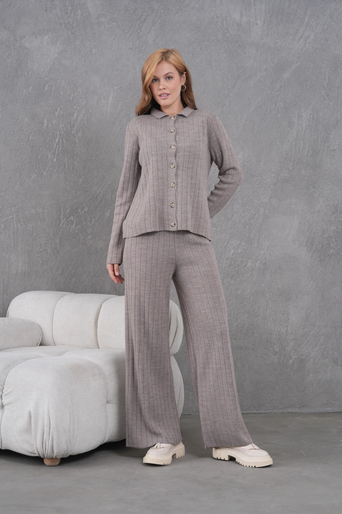 Kadın Gömlek Yaka Düğme Kapama Desenli Ceket Pantolon İkili Triko Takım