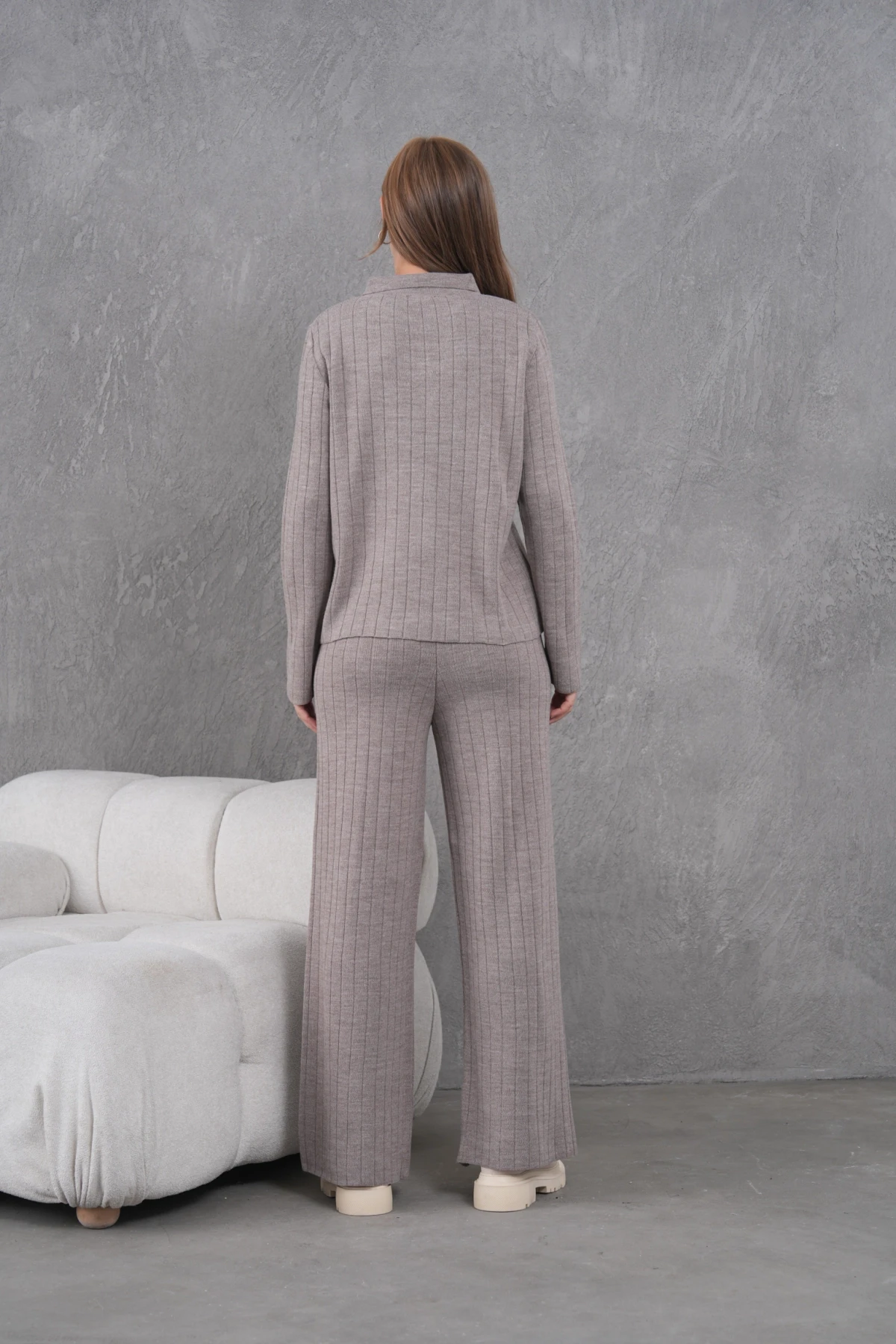 Kadın Gömlek Yaka Düğme Kapama Desenli Ceket Pantolon İkili Triko Takım