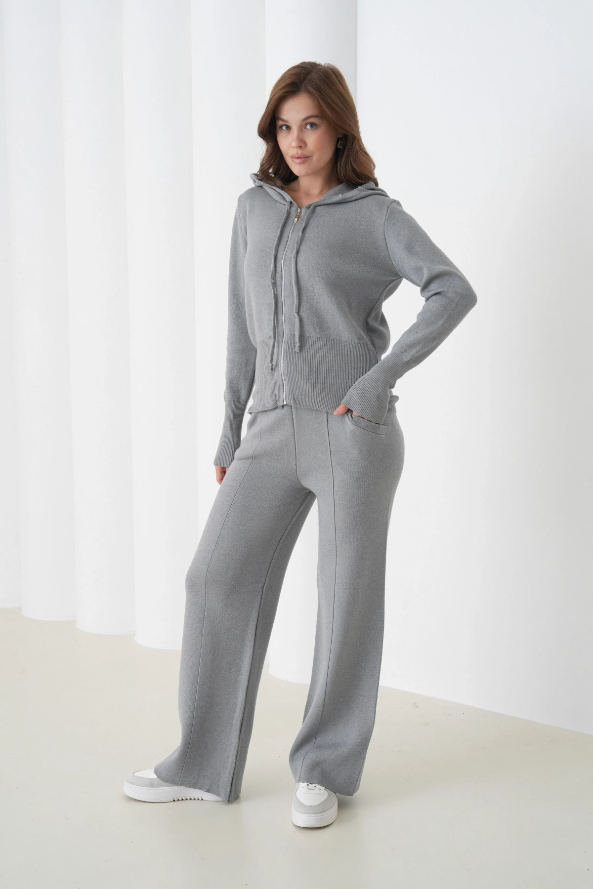 Kadın Kapşonlu Fermuar Kapam Hırka Pantolon İkili Triko Takım
