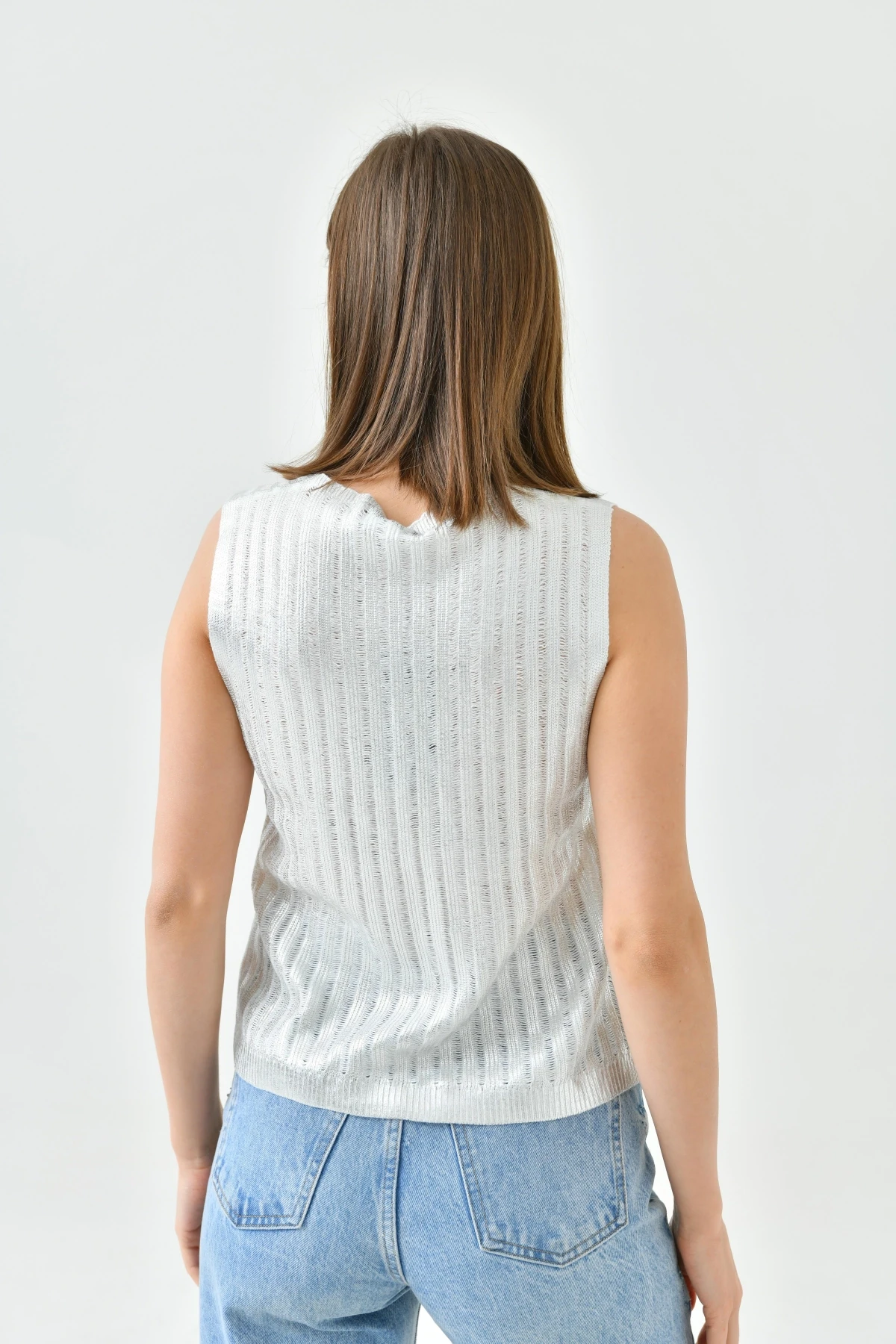 Kadın Kare Yaka Varaklı Triko Sweater 10759