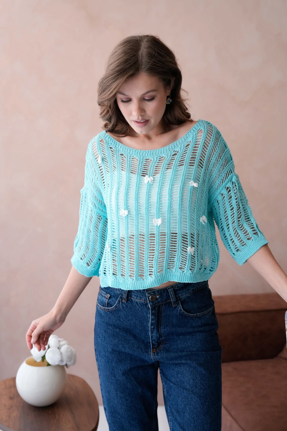 Kadın Kayık Yaka Örgü Detay Ajurlu Triko Kazak 8277Sw