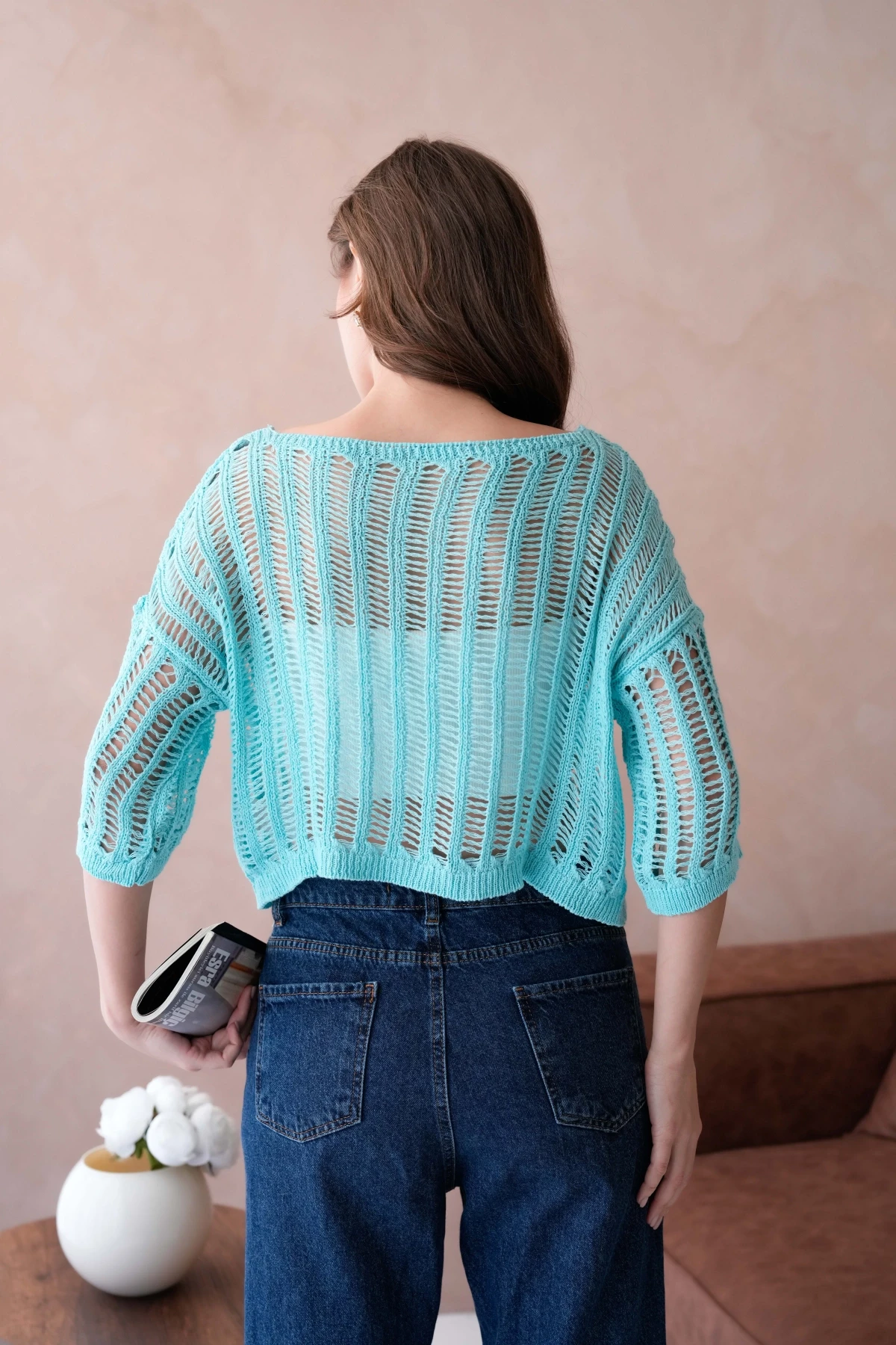 Kadın Kayık Yaka Örgü Detay Ajurlu Triko Kazak 8277Sw