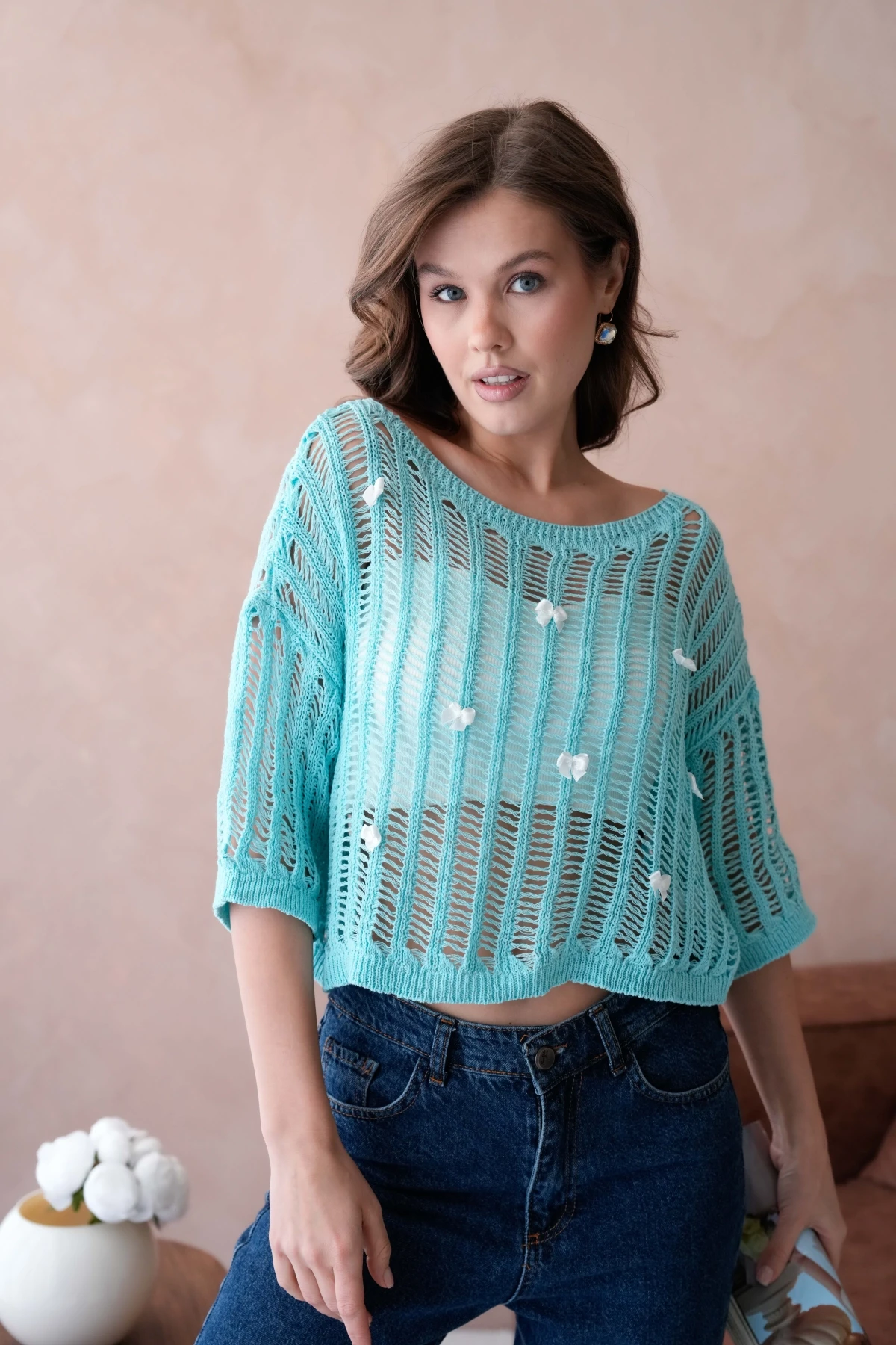 Kadın Kayık Yaka Örgü Detay Ajurlu Triko Kazak 8277Sw