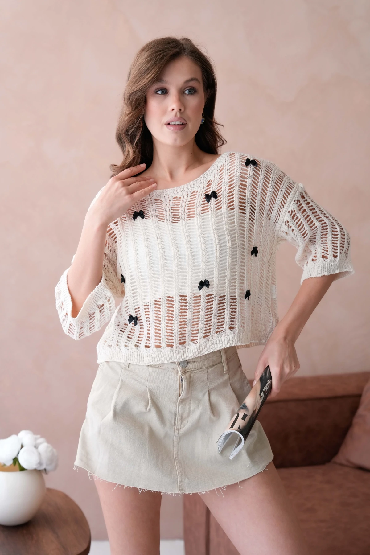 Kadın Kayık Yaka Örgü Detay Ajurlu Triko Kazak 8277Sw