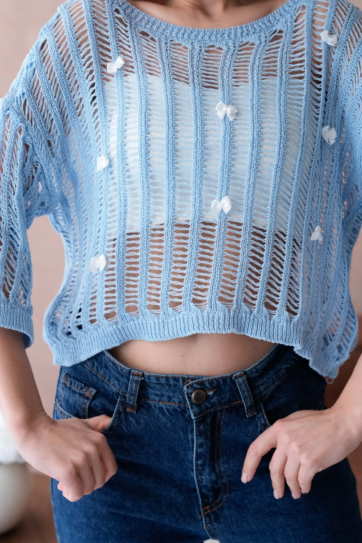 Kadın Kayık Yaka Örgü Detay Ajurlu Triko Kazak 8277Sw