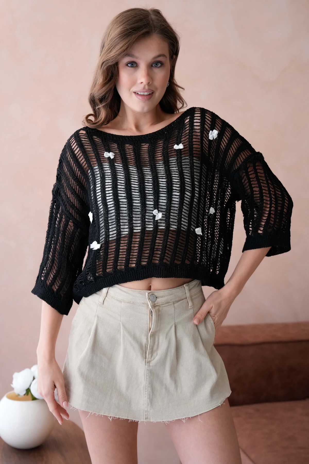 Kadın Kayık Yaka Örgü Detay Ajurlu Triko Kazak 8277Sw