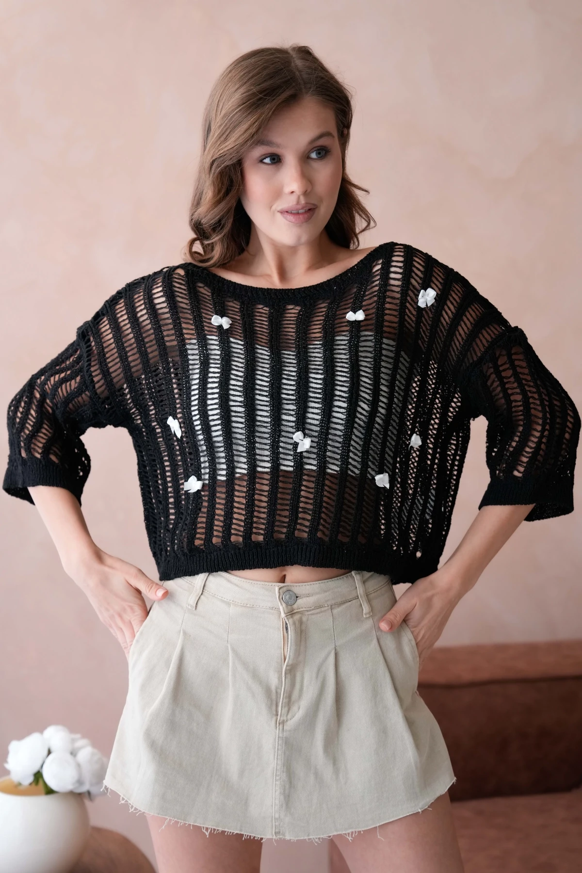 Kadın Kayık Yaka Örgü Detay Ajurlu Triko Kazak 8277Sw