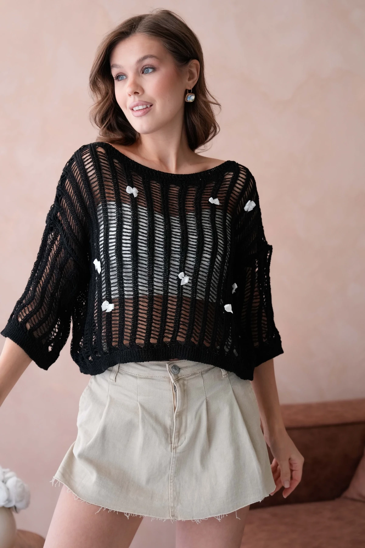 Kadın Kayık Yaka Örgü Detay Ajurlu Triko Kazak 8277Sw