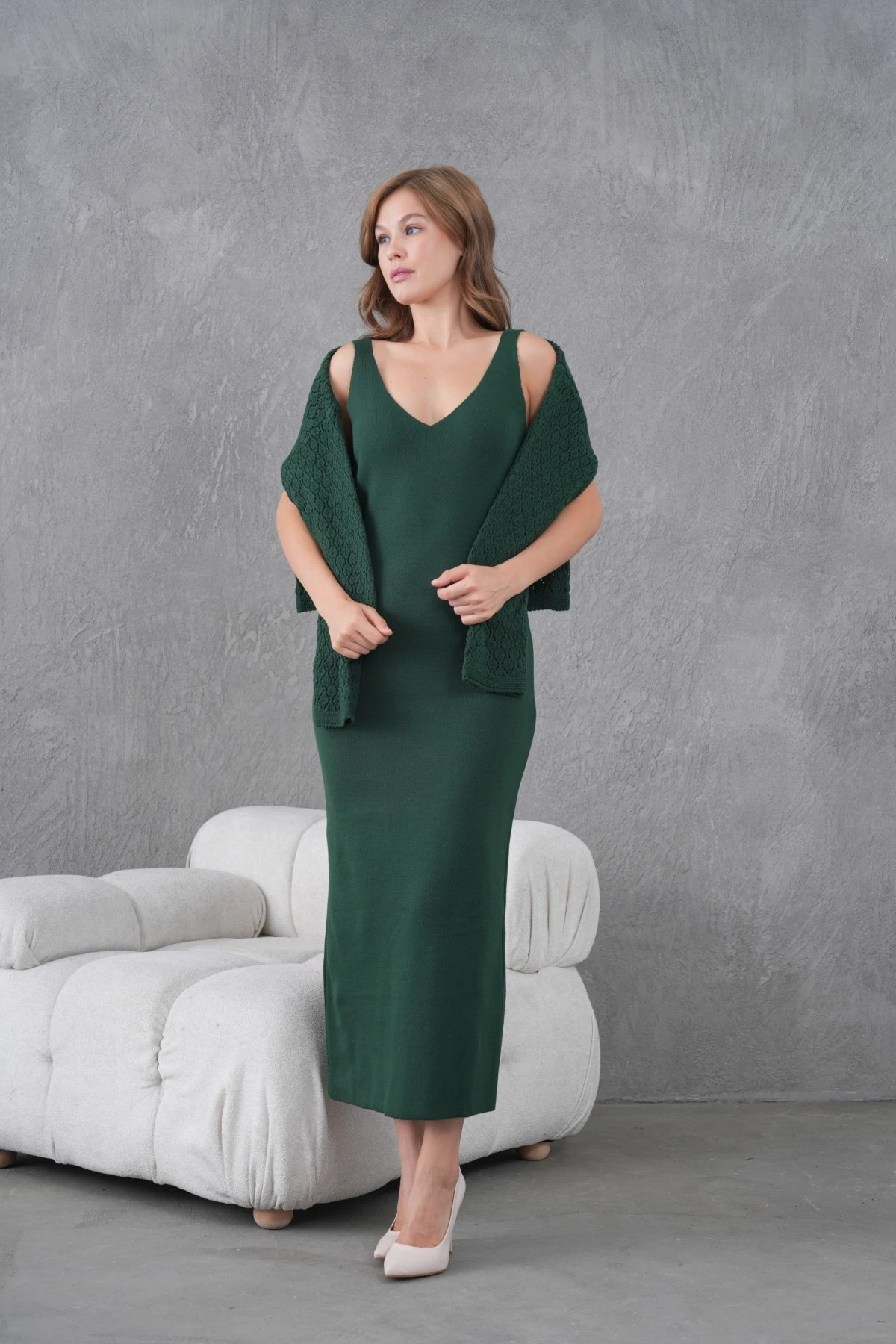 Kadın Kayık Yaka Örgü Detay Bluz Elbise İkili Trko Takım