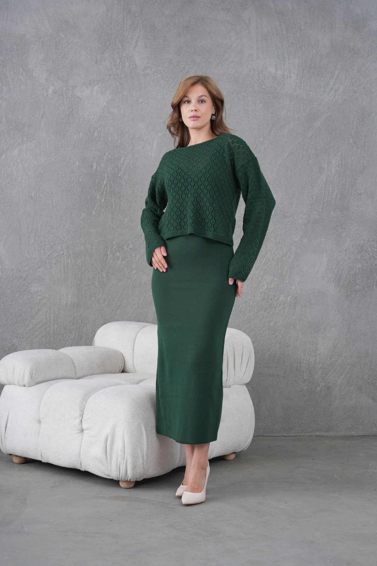 Kadın Kayık Yaka Örgü Detay Bluz Elbise İkili Trko Takım