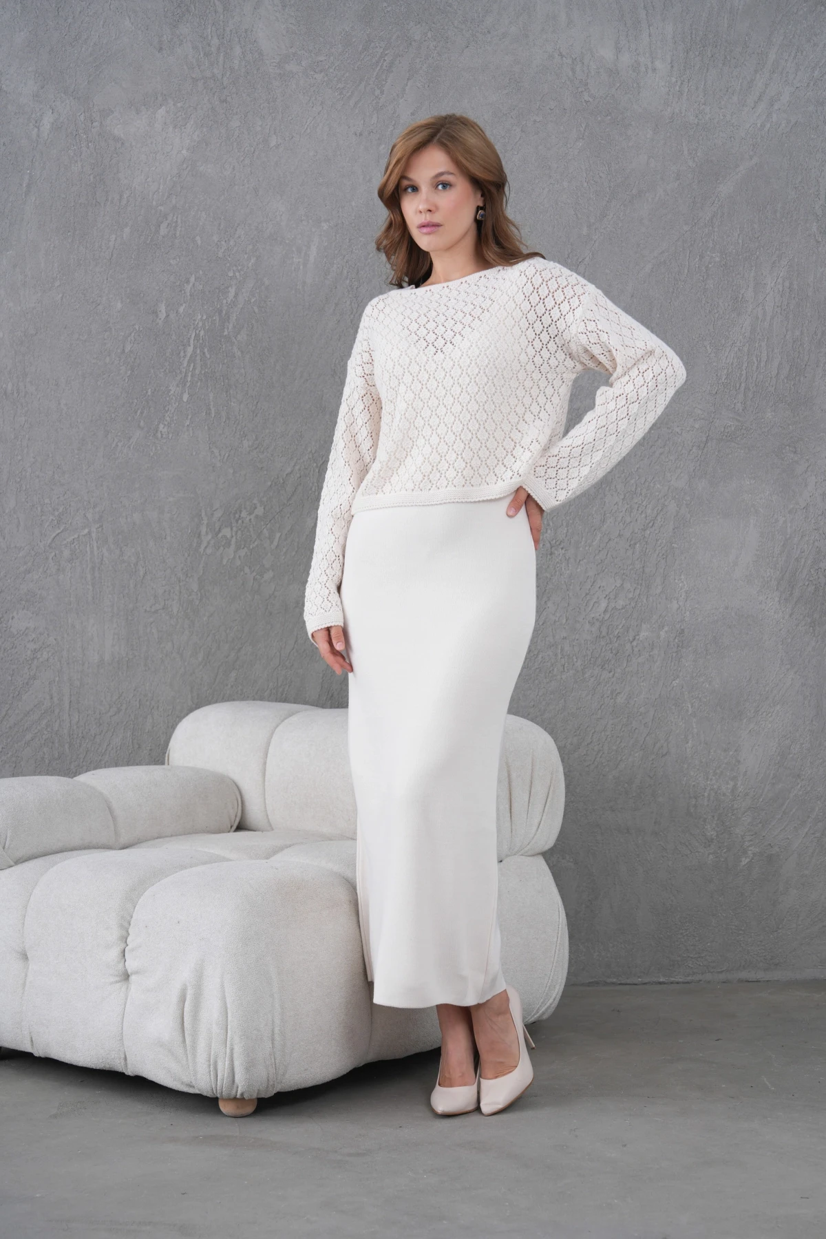 Kadın Kayık Yaka Örgü Detay Bluz Elbise İkili Trko Takım