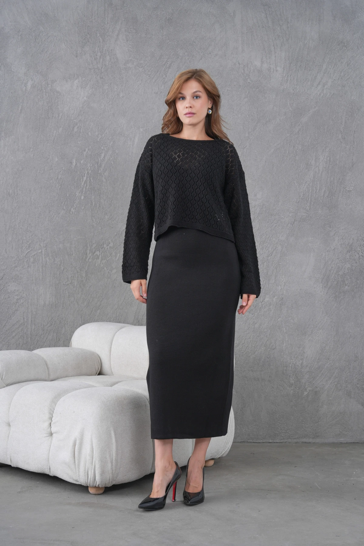 Kadın Kayık Yaka Örgü Detay Bluz Elbise İkili Trko Takım