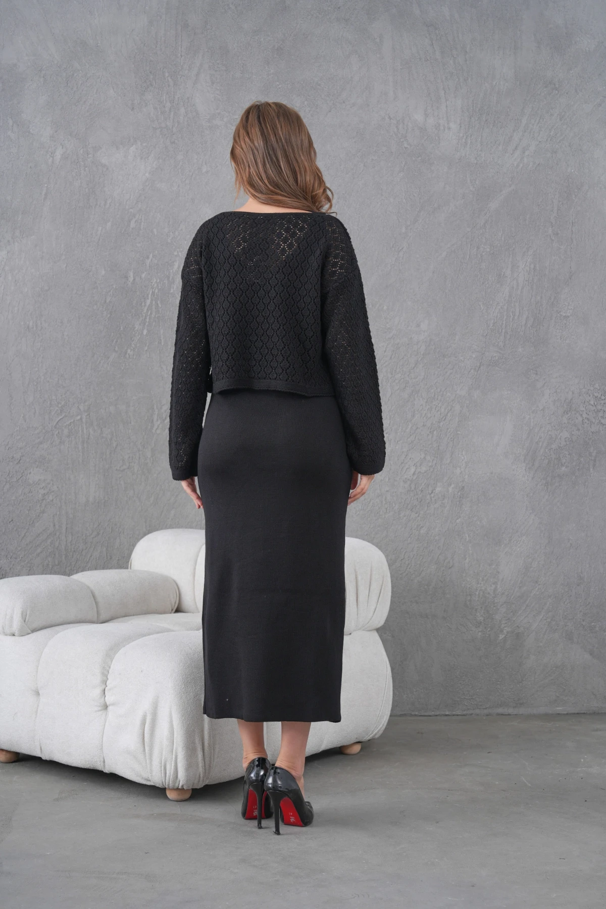 Kadın Kayık Yaka Örgü Detay Bluz Elbise İkili Trko Takım