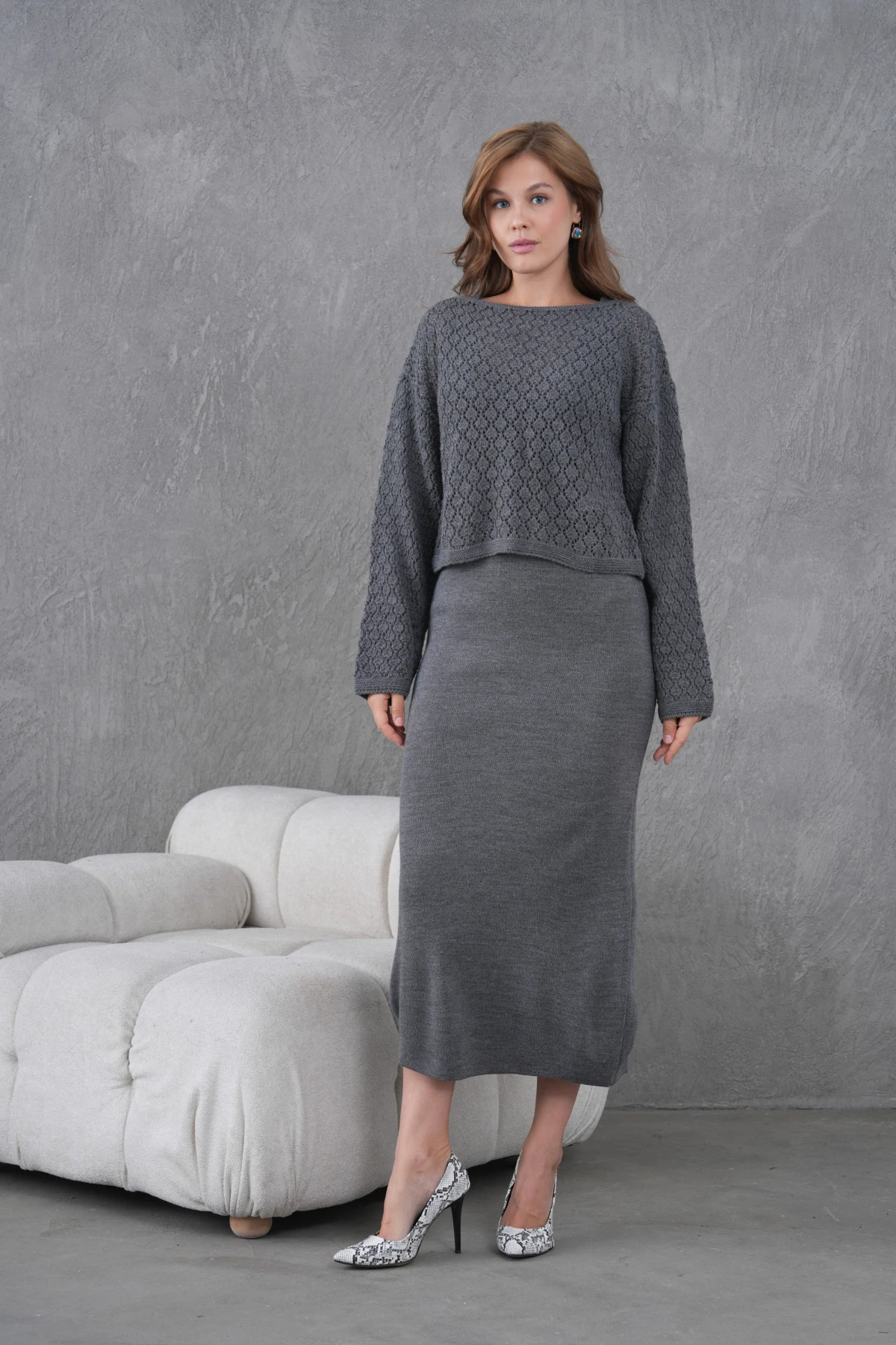 Kadın Kayık Yaka Örgü Detay Bluz Elbise İkili Trko Takım