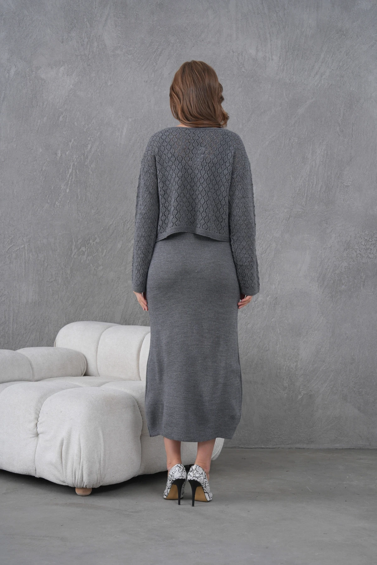 Kadın Kayık Yaka Örgü Detay Bluz Elbise İkili Trko Takım