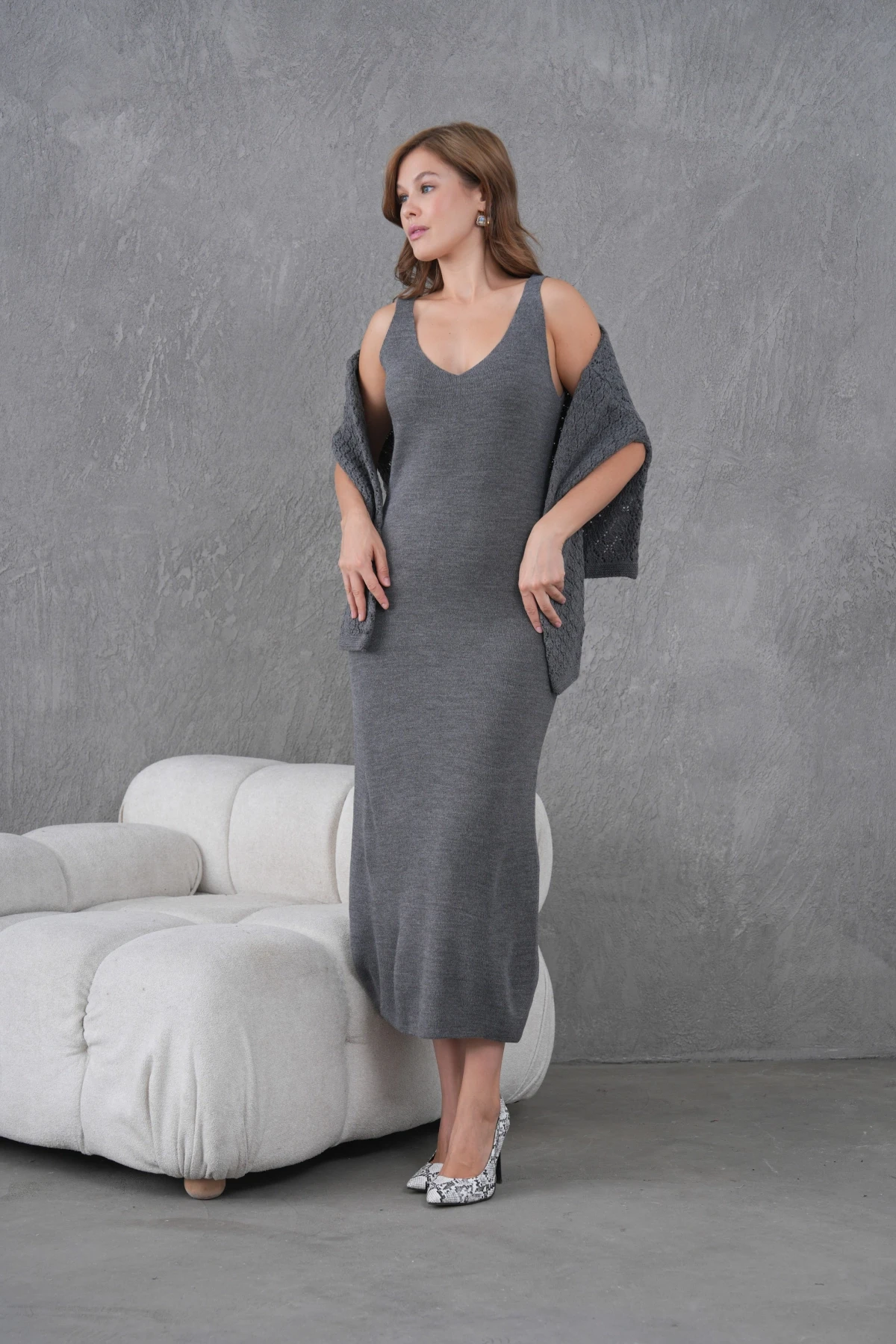 Kadın Kayık Yaka Örgü Detay Bluz Elbise İkili Trko Takım