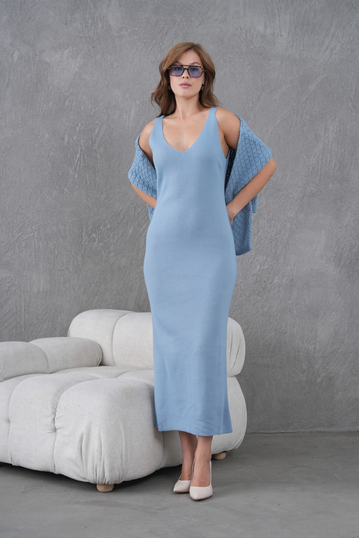 Kadın Kayık Yaka Örgü Detay Bluz Elbise İkili Trko Takım