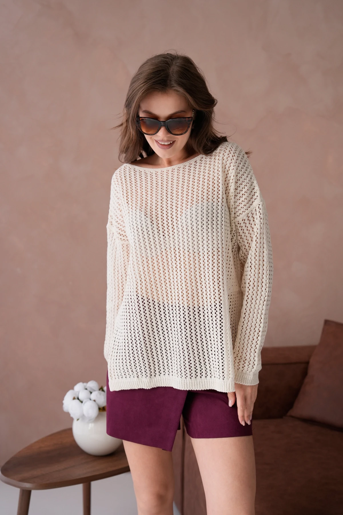 Kadın Kayık Yaka Örgü Detay Yırtmaçlı Triko Kazak