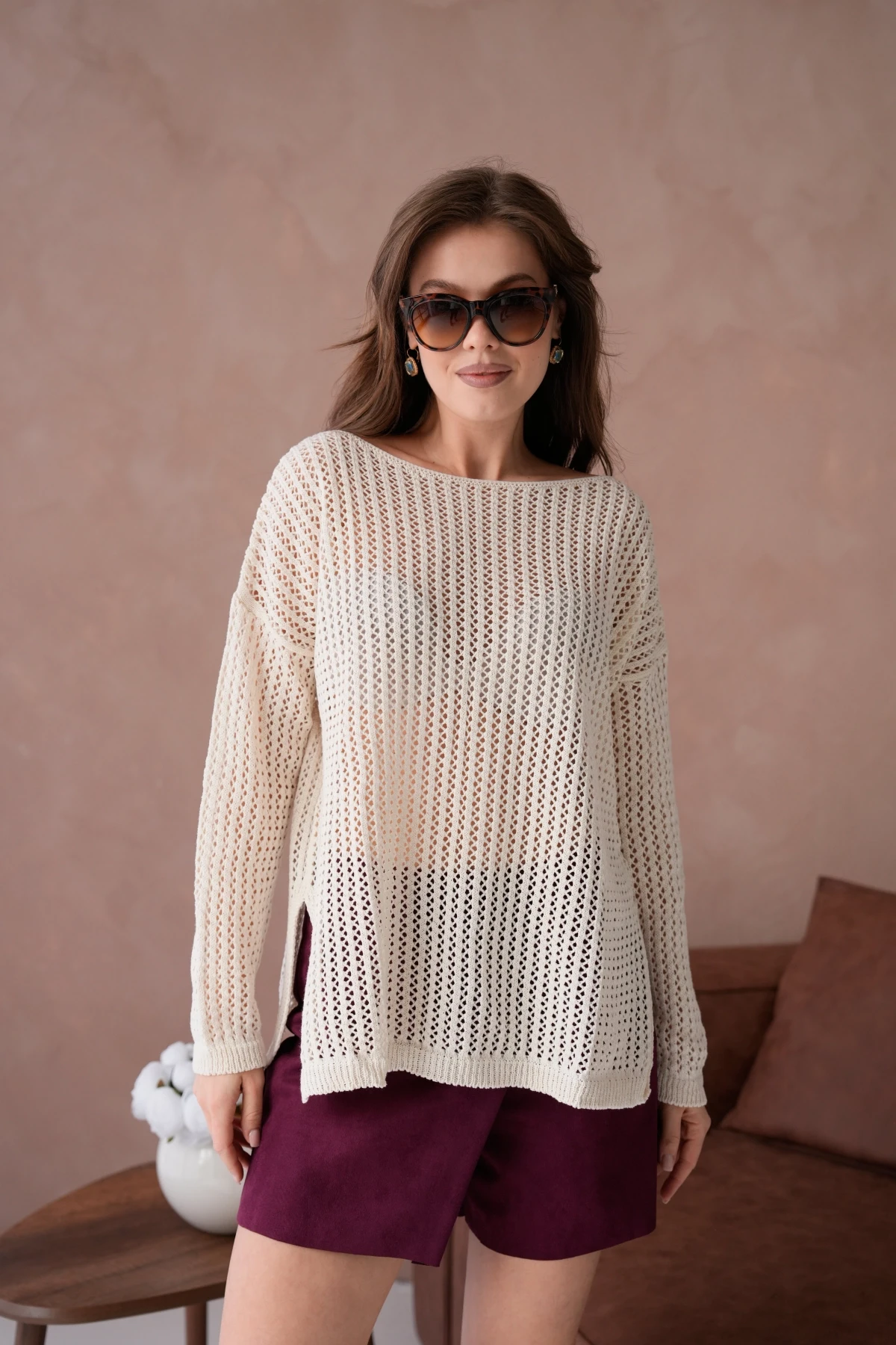 Kadın Kayık Yaka Örgü Detay Yırtmaçlı Triko Kazak