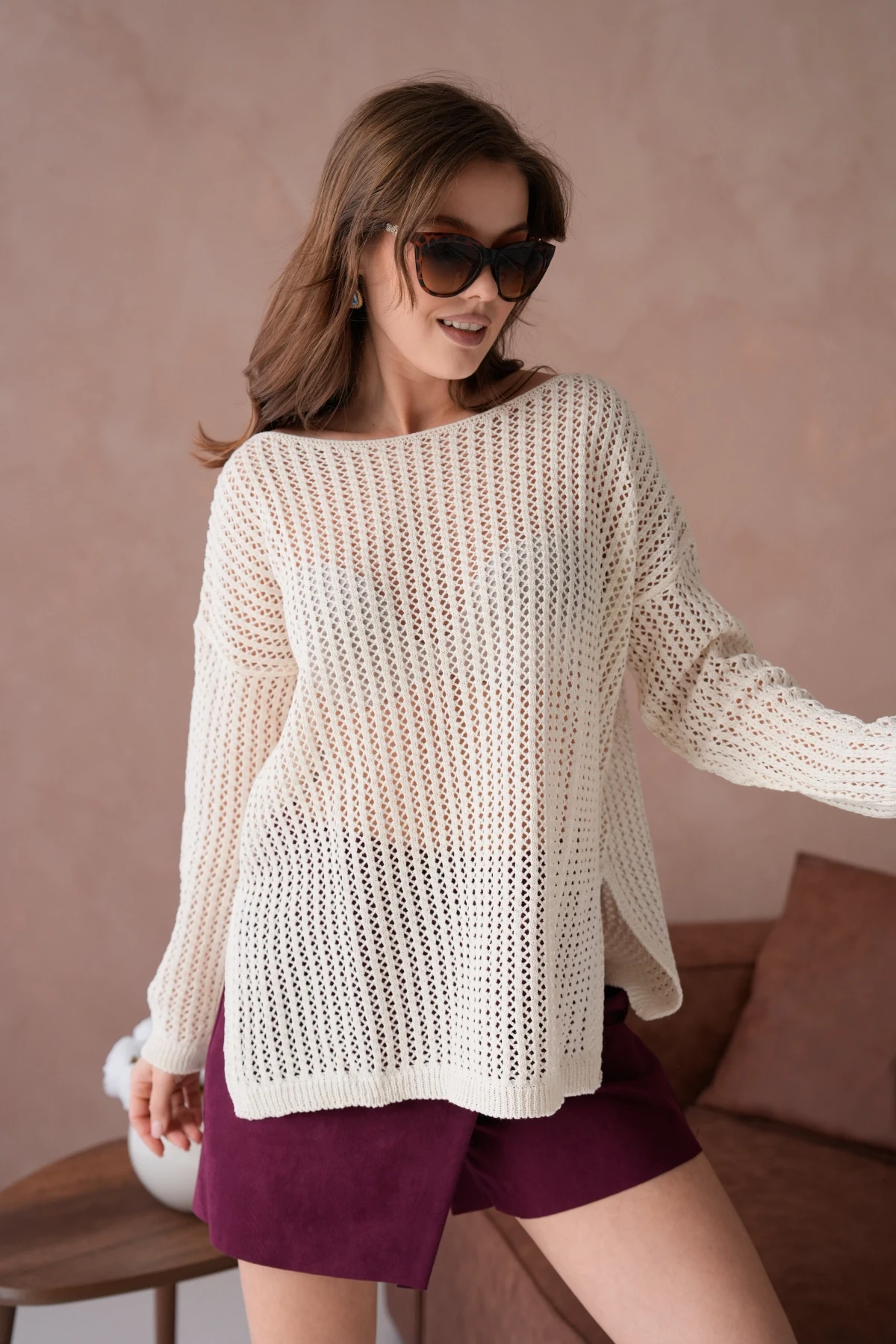 Kadın Kayık Yaka Örgü Detay Yırtmaçlı Triko Kazak