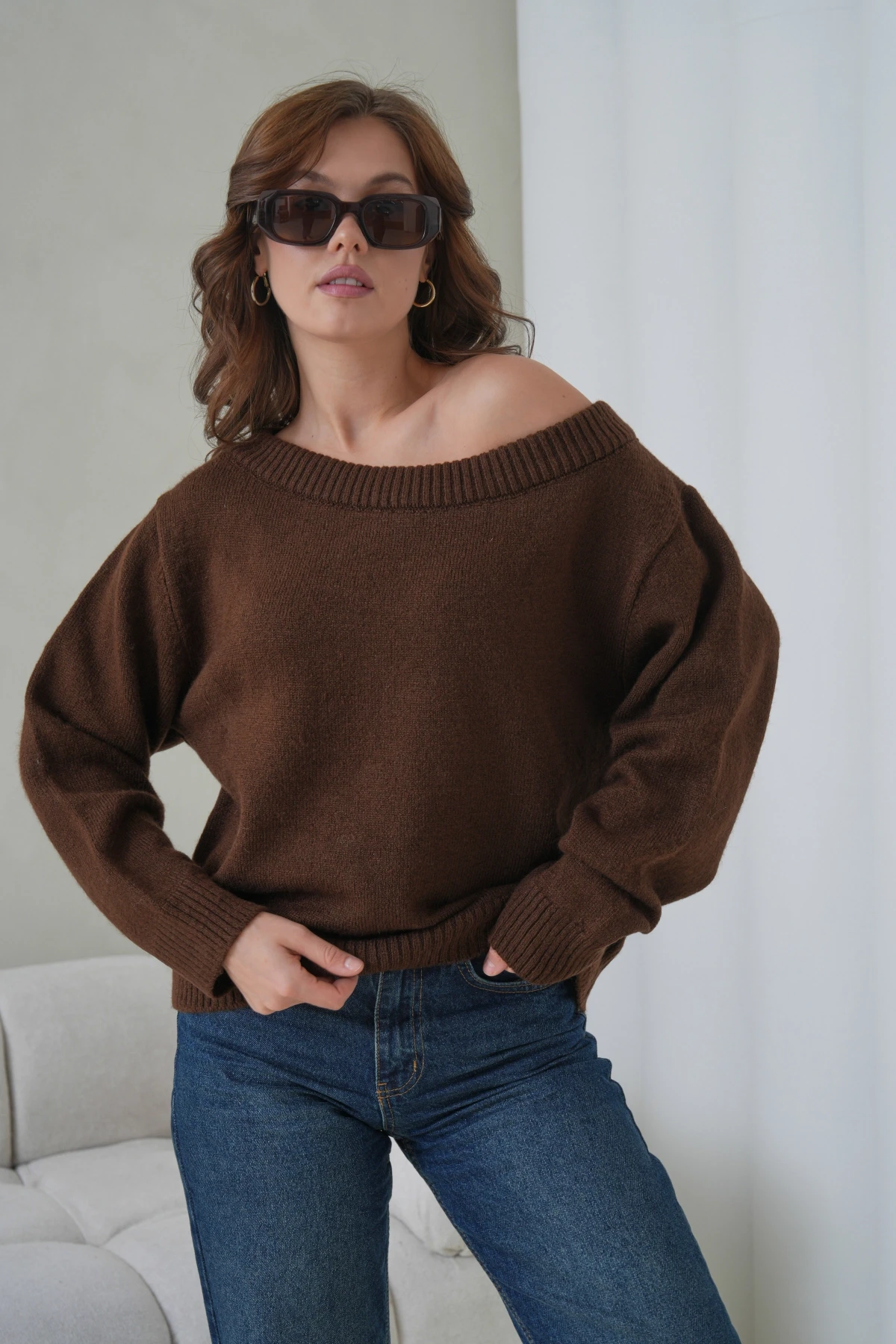 Kadın Kayık Yaka Yumuşak Dokulu Triko Kazak 8703Sw