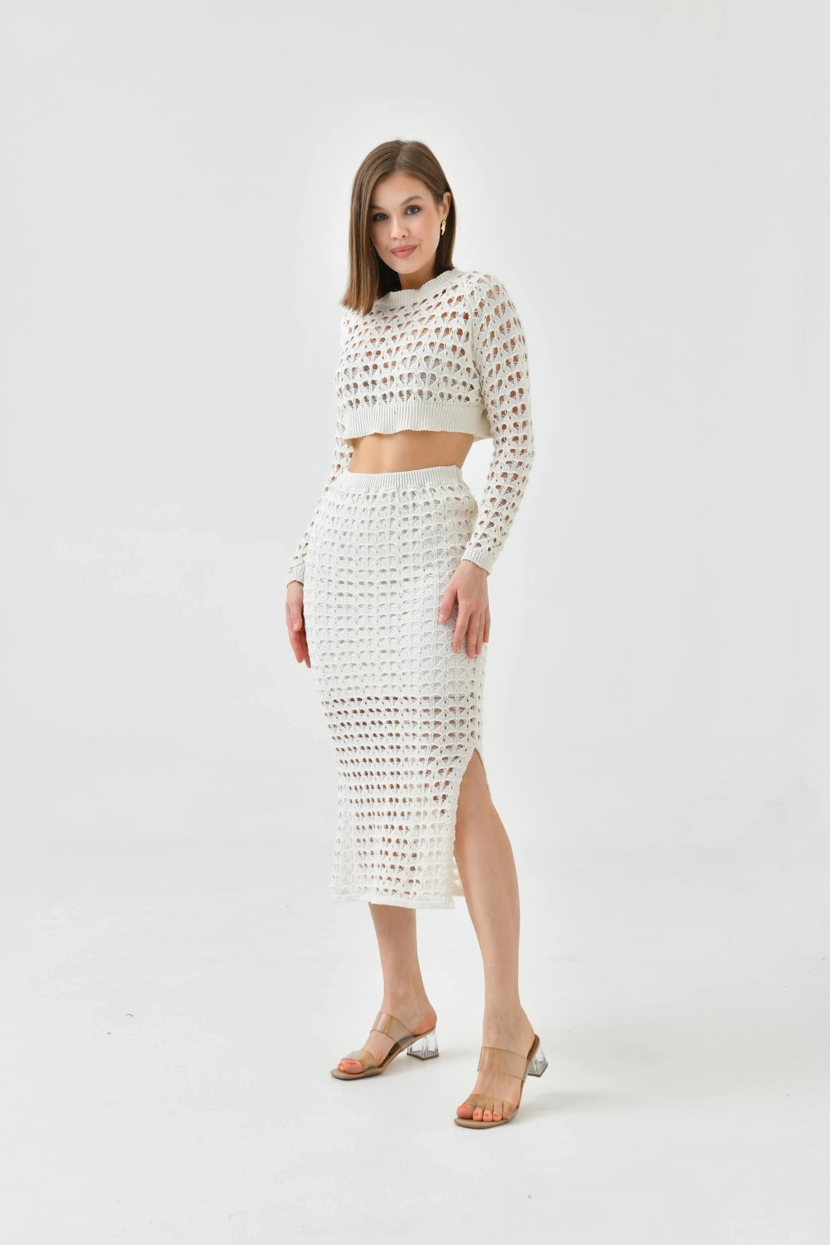 Kadın Örgü Detay Crop Kazak Astarlı Yırtmaçlı Etek Triko İkili Takım