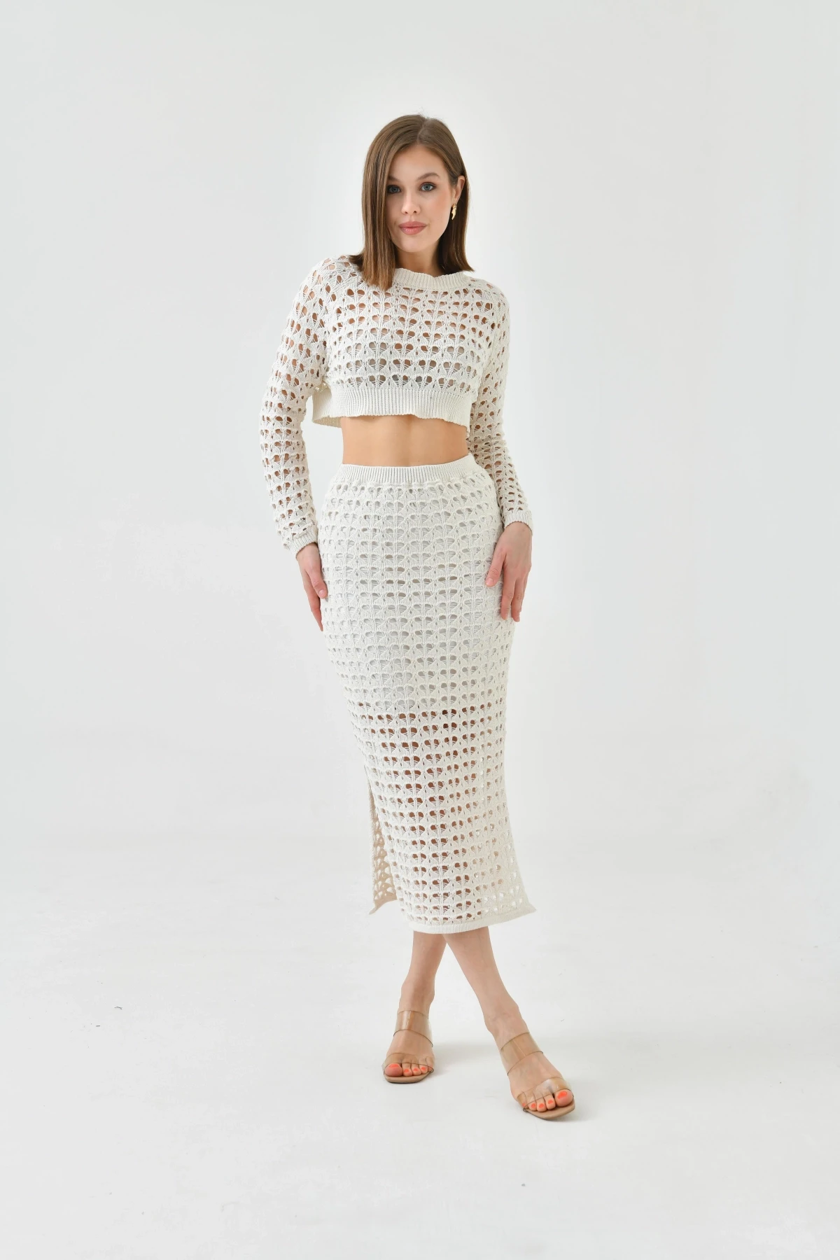Kadın Örgü Detay Crop Kazak Astarlı Yırtmaçlı Etek Triko İkili Takım