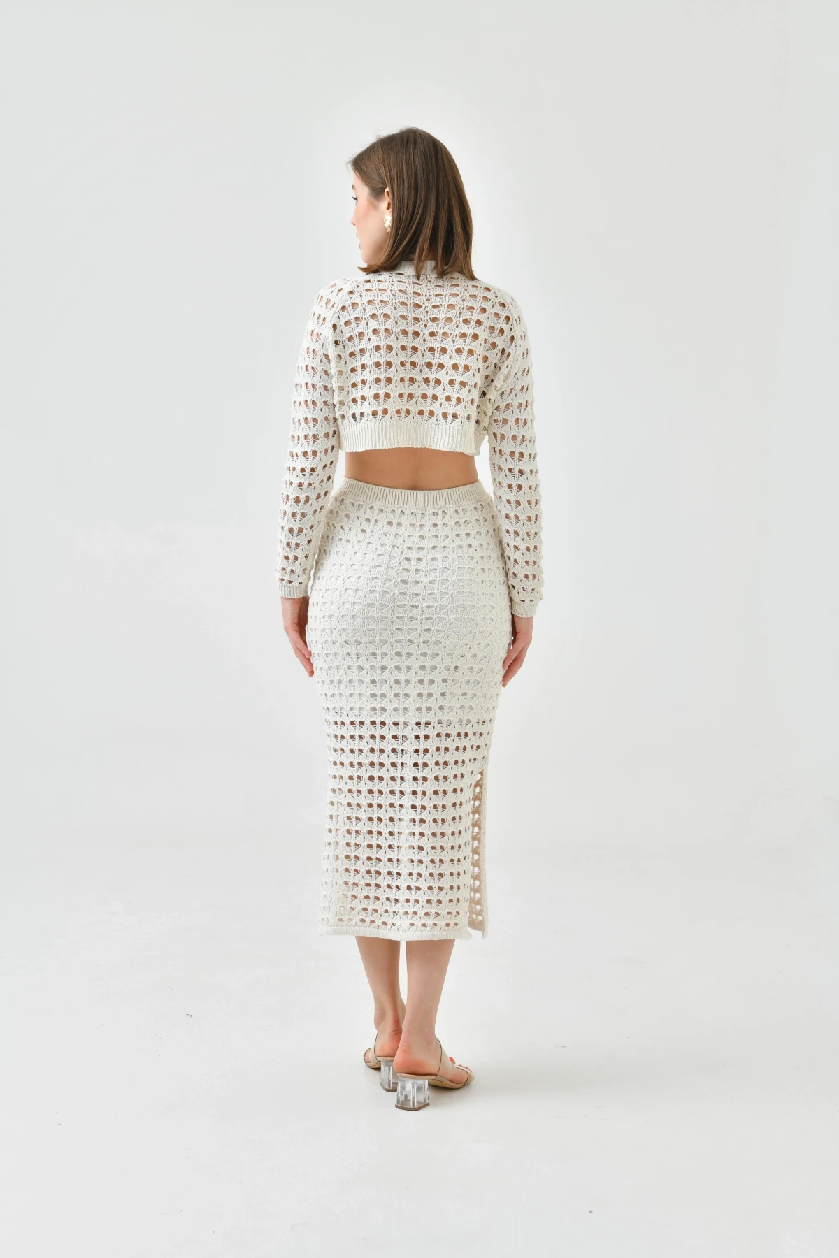 Kadın Örgü Detay Crop Kazak Astarlı Yırtmaçlı Etek Triko İkili Takım