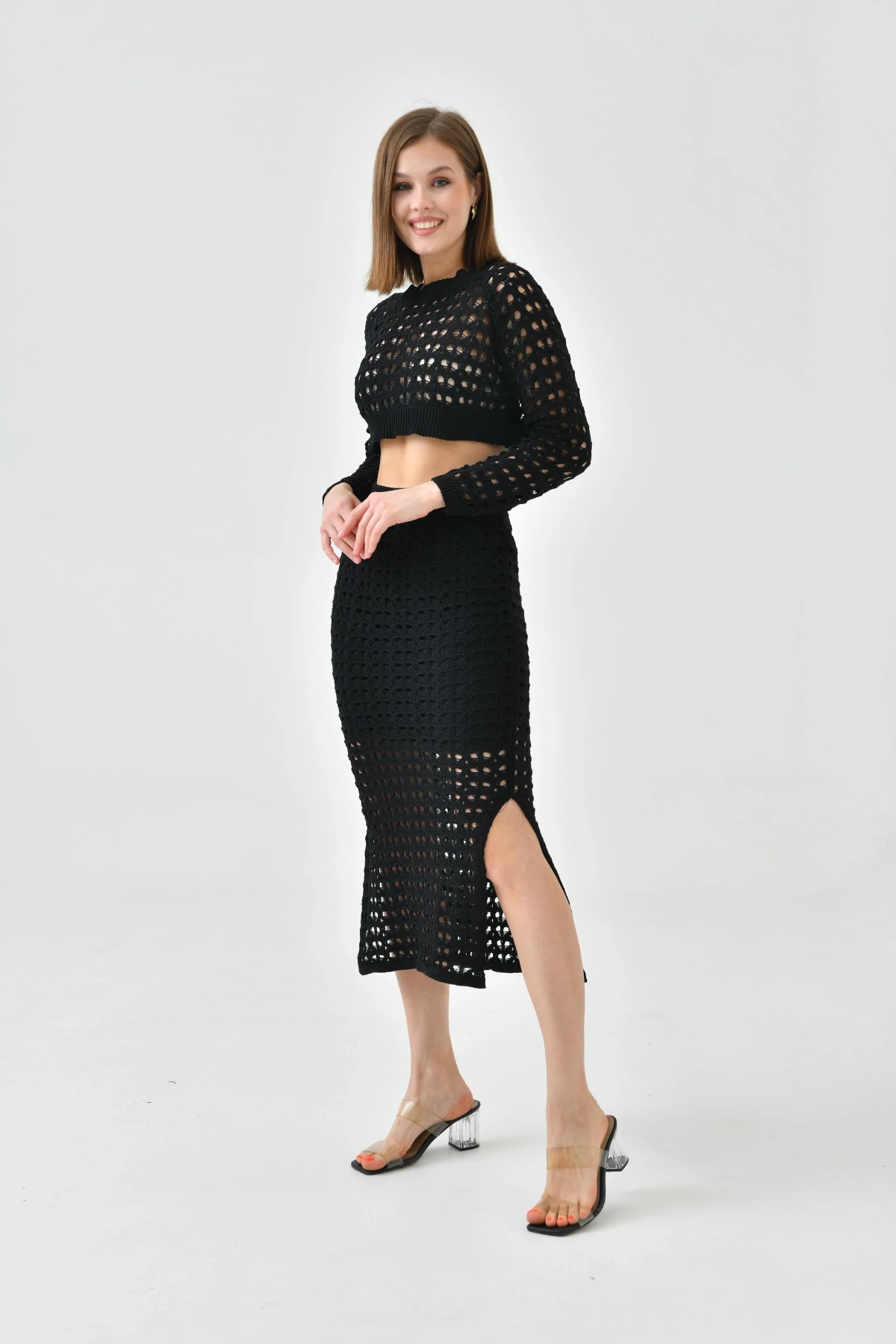 Kadın Örgü Detay Crop Kazak Astarlı Yırtmaçlı Etek Triko İkili Takım