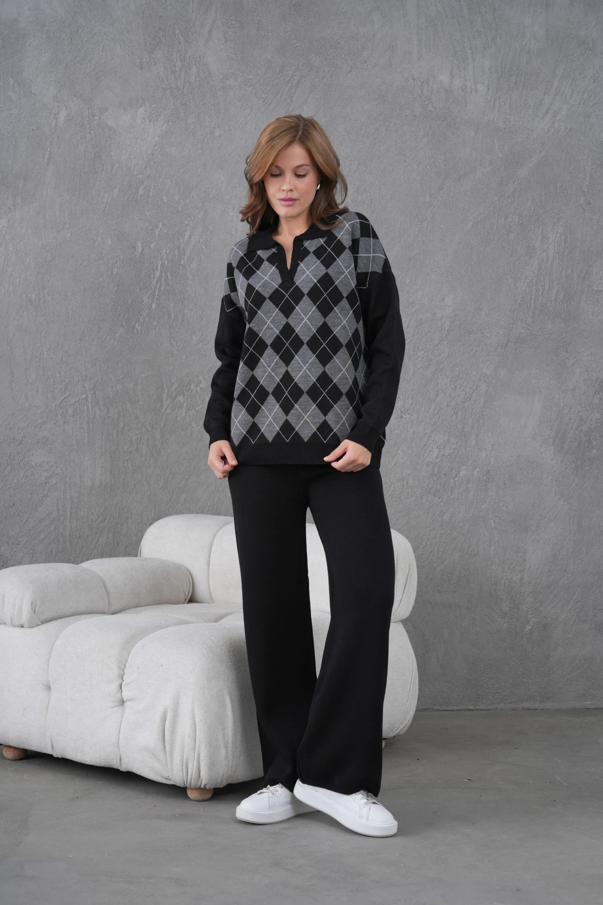 Kadın Polo Yak Abaklava Desen Kazak Pantolon İkili Takım