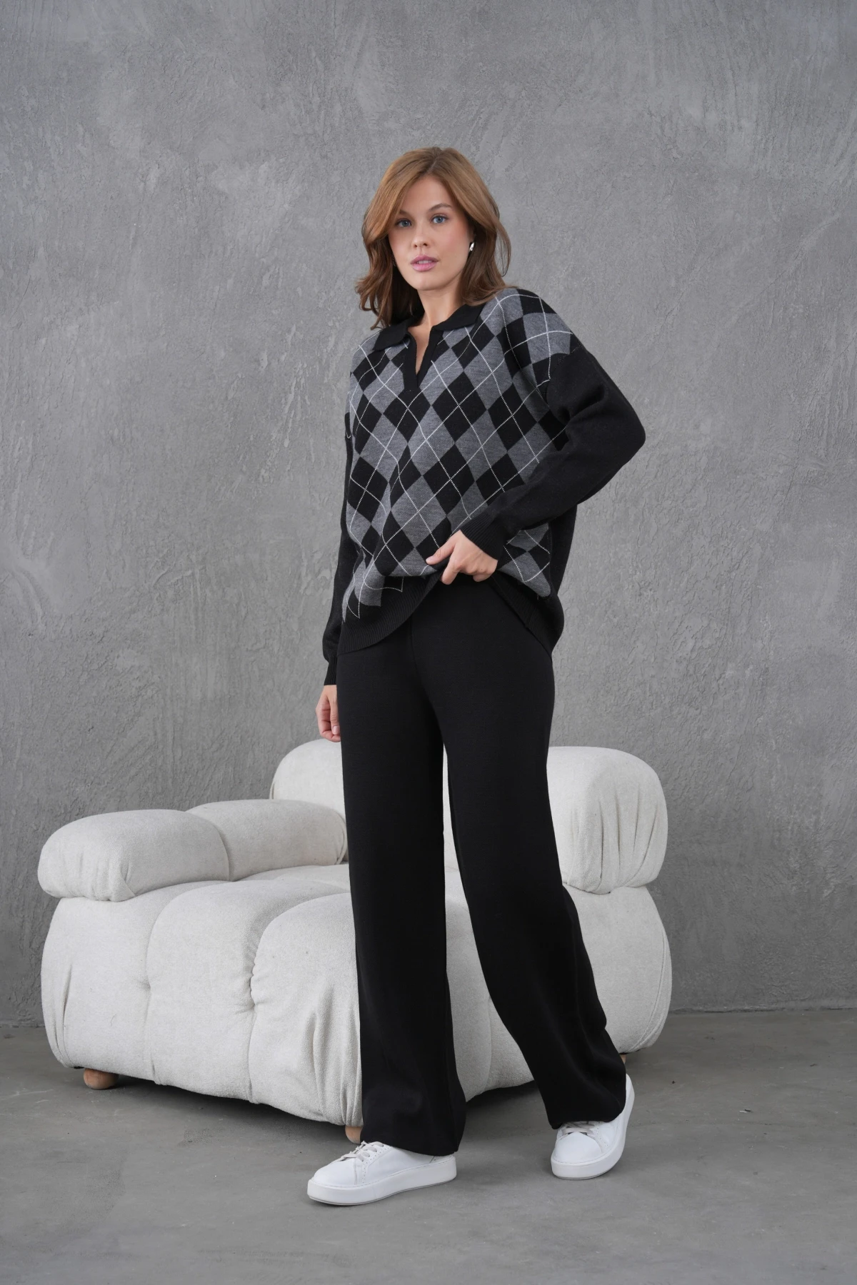 Kadın Polo Yak Abaklava Desen Kazak Pantolon İkili Takım