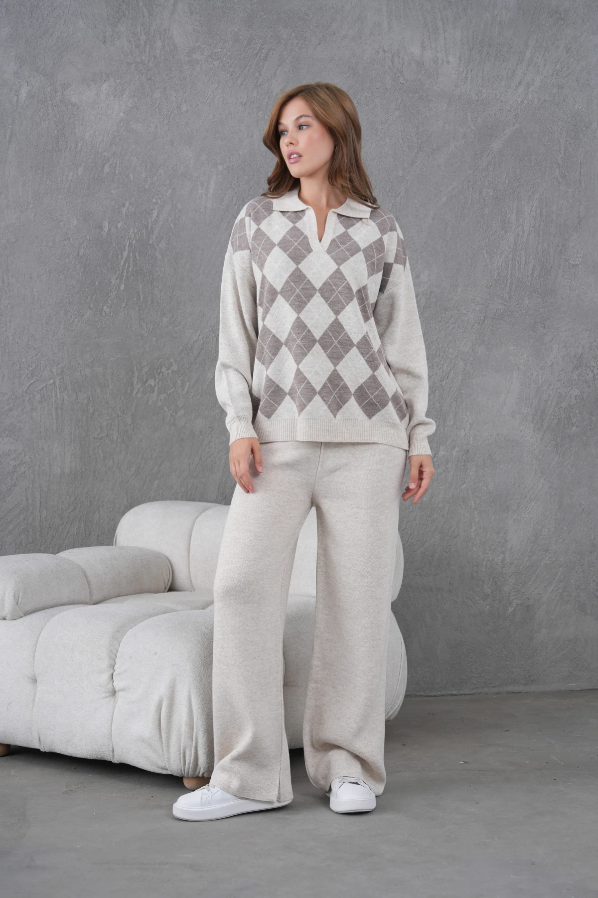 Kadın Polo Yak Abaklava Desen Kazak Pantolon İkili Takım