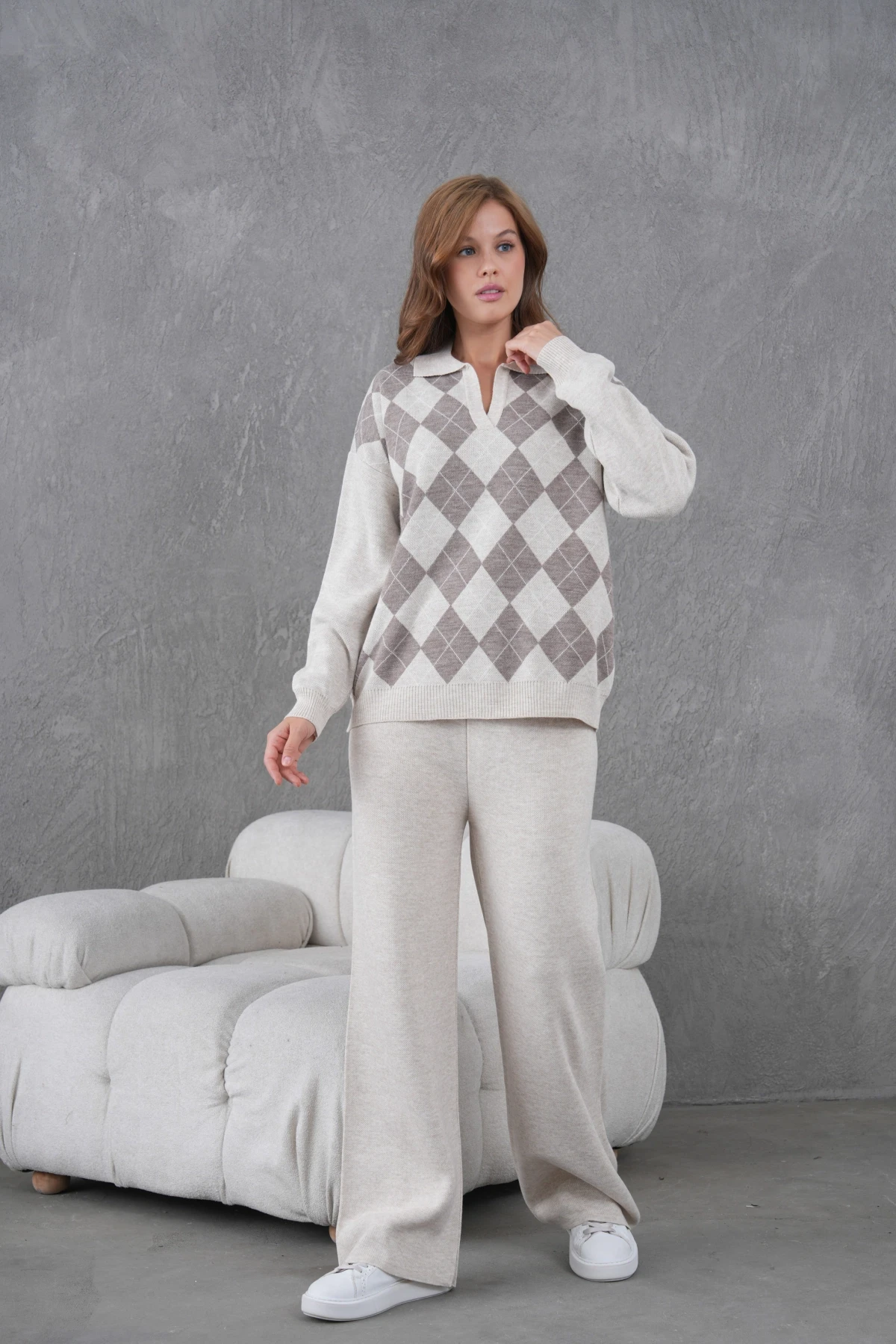 Kadın Polo Yak Abaklava Desen Kazak Pantolon İkili Takım