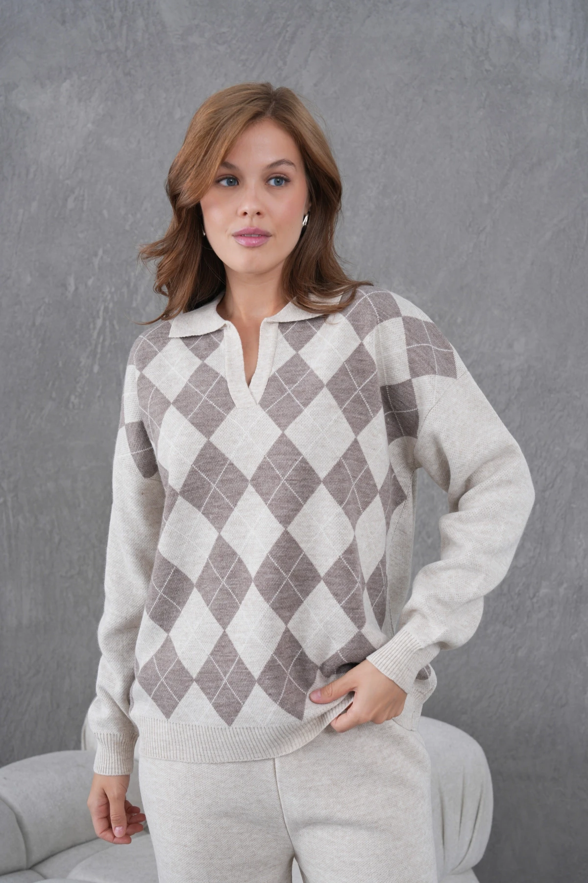 Kadın Polo Yak Abaklava Desen Kazak Pantolon İkili Takım