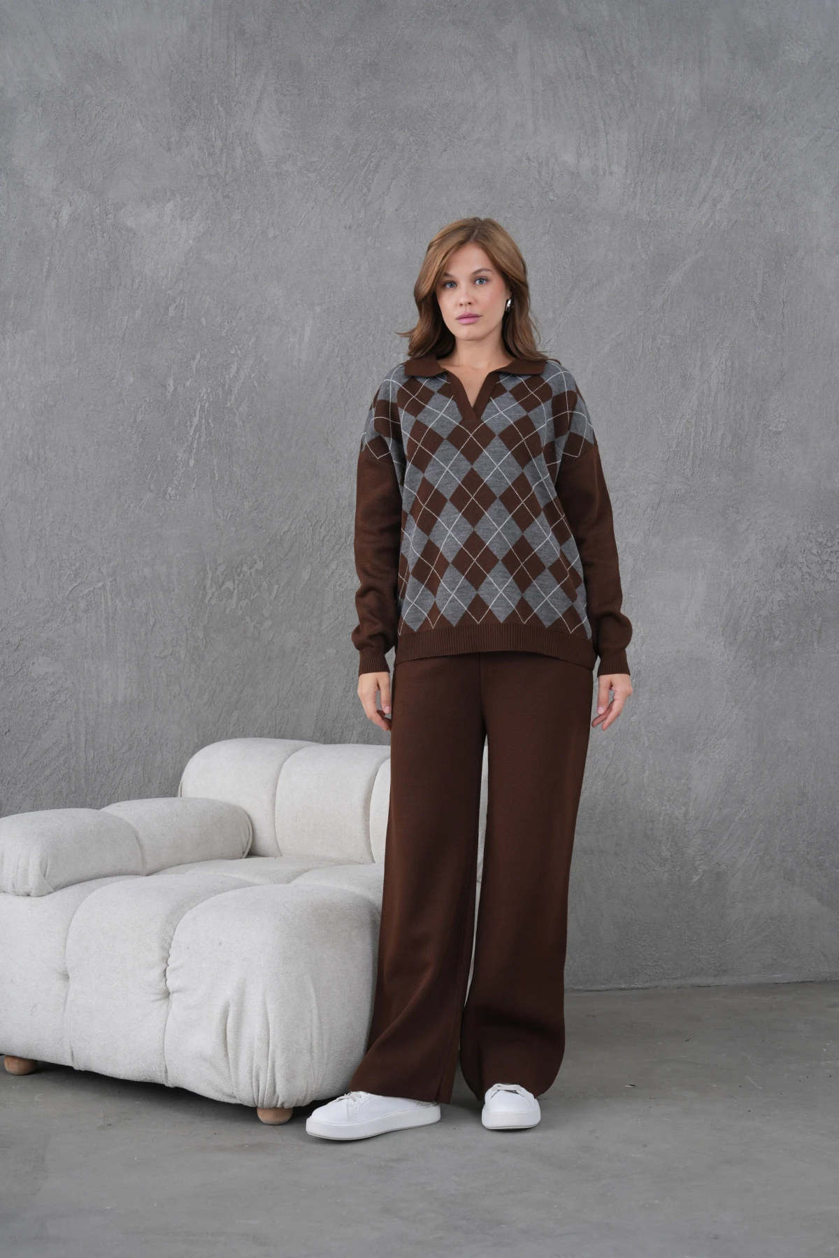 Kadın Polo Yak Abaklava Desen Kazak Pantolon İkili Takım