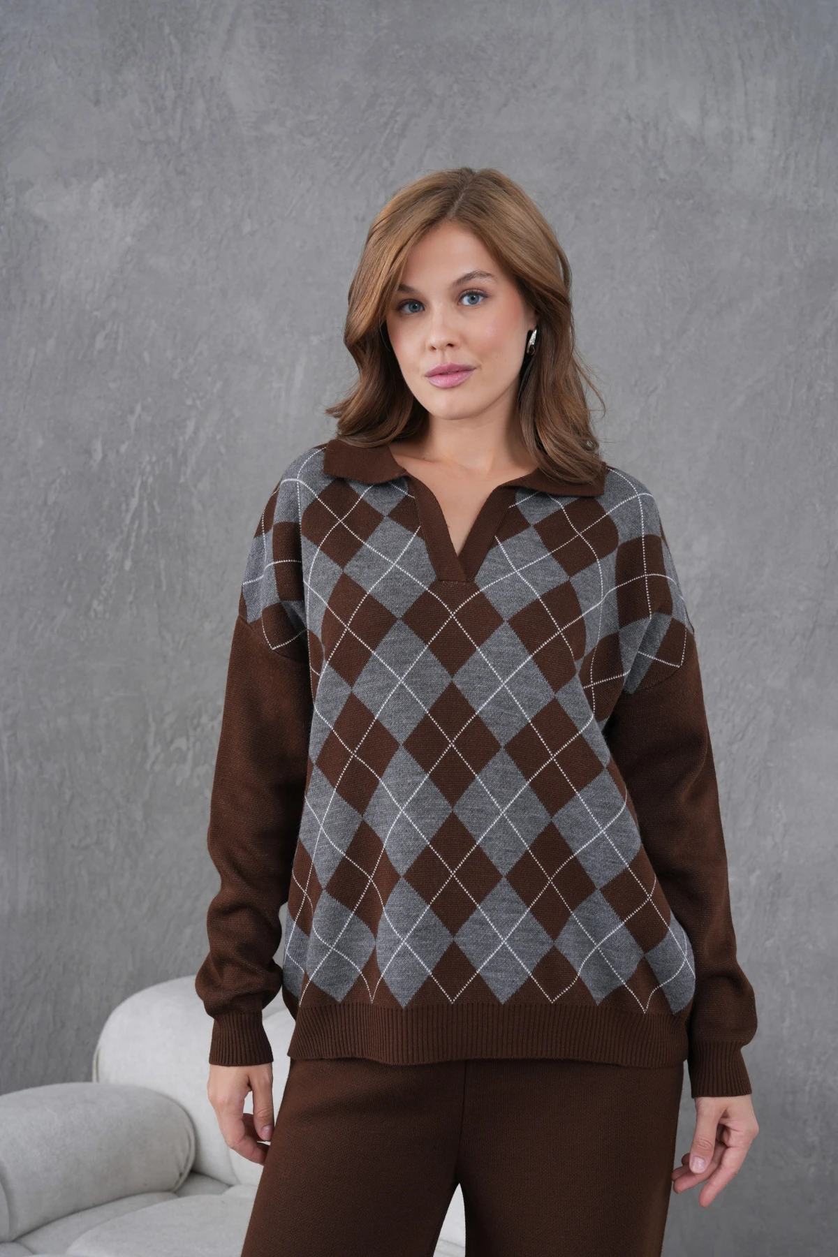 Kadın Polo Yak Abaklava Desen Kazak Pantolon İkili Takım