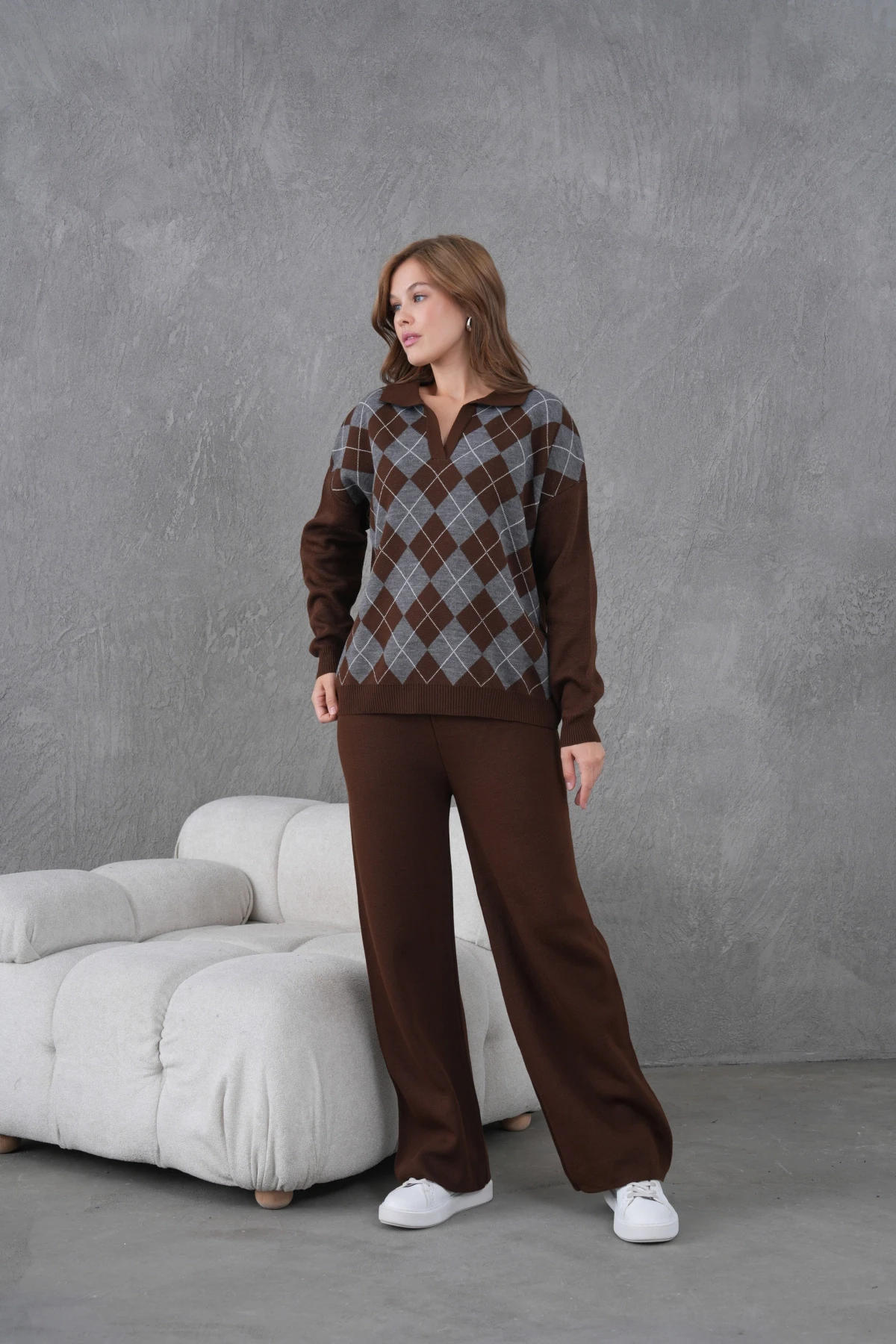 Kadın Polo Yak Abaklava Desen Kazak Pantolon İkili Takım