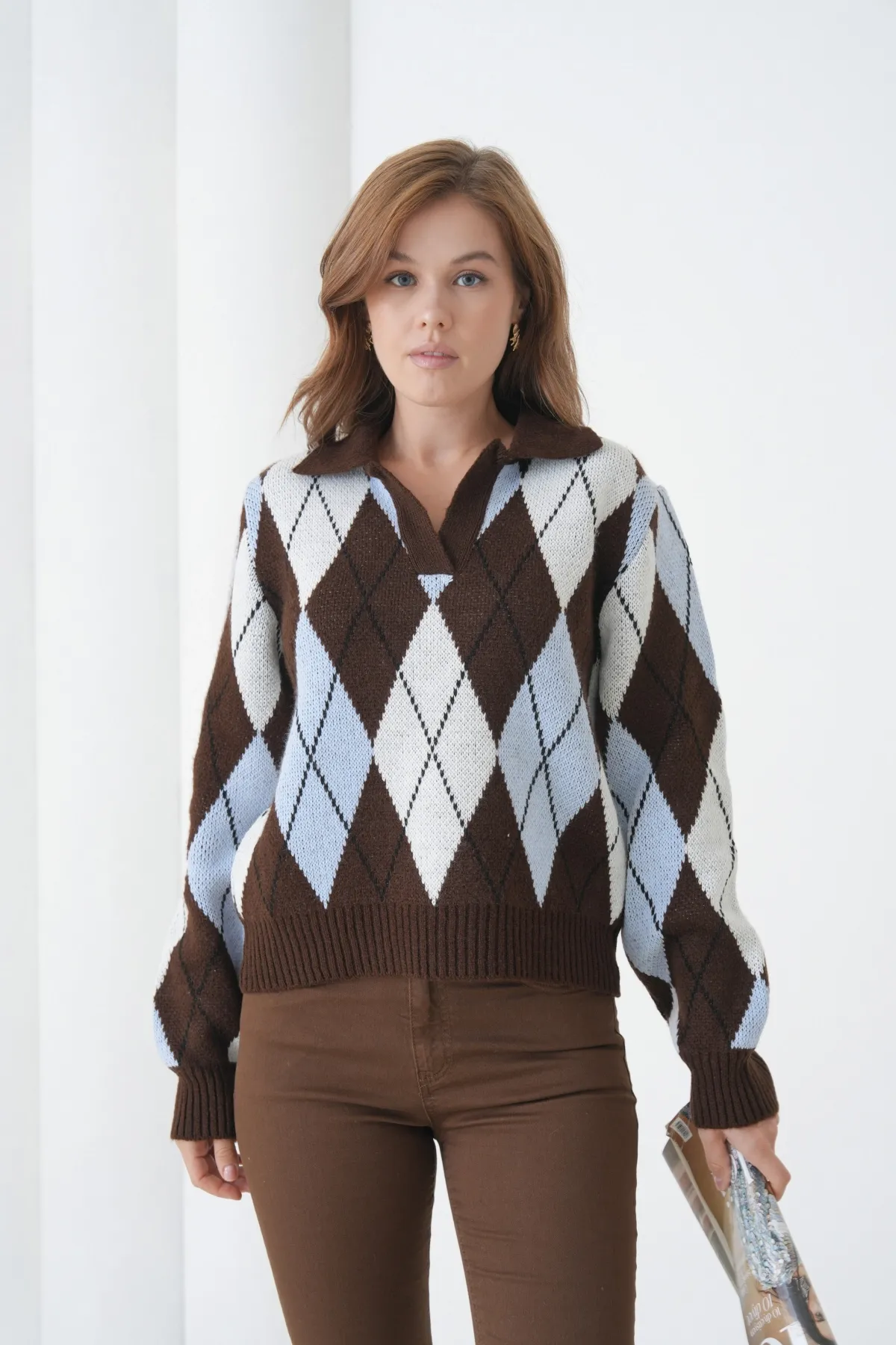 Kadın Polo Yaka Baklava Desenli Yumuşak Dokulu Triko Kazak