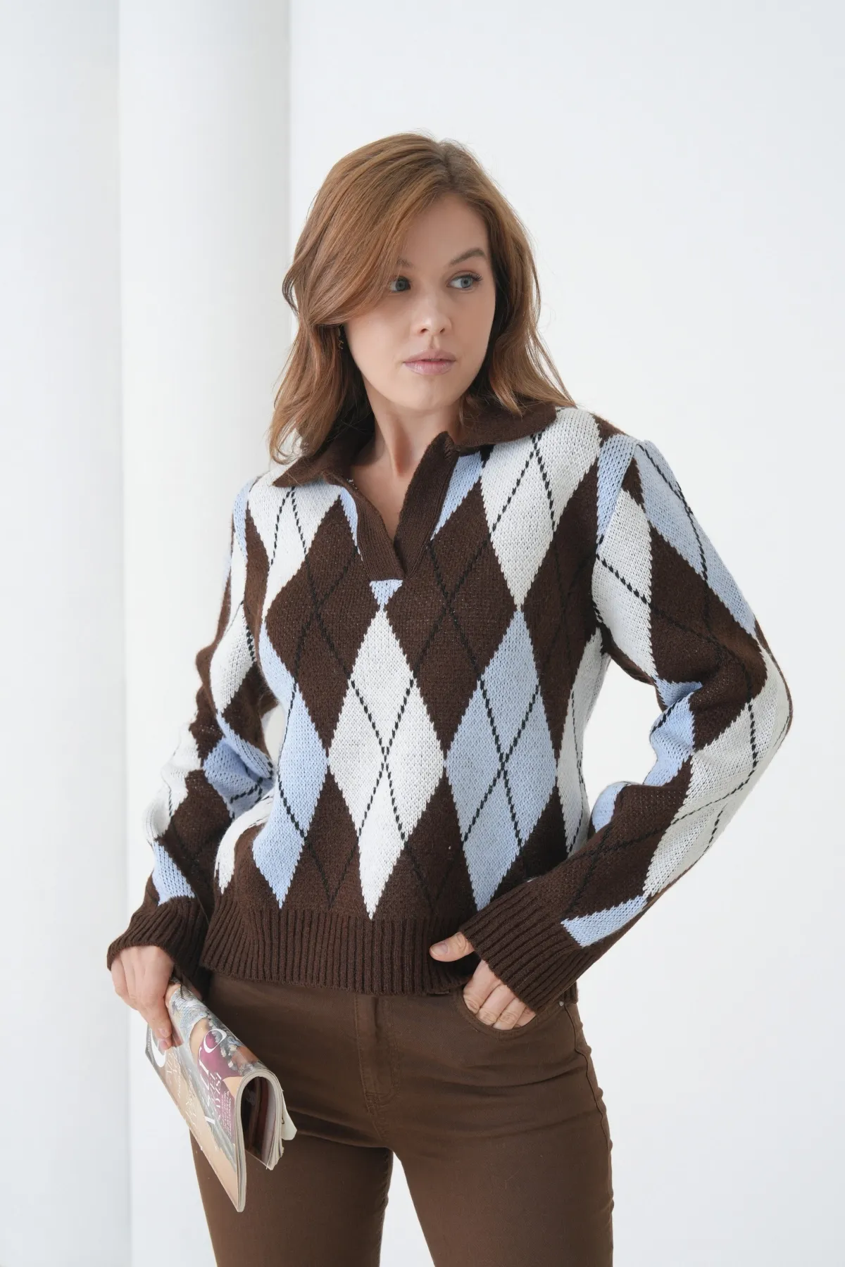 Kadın Polo Yaka Baklava Desenli Yumuşak Dokulu Triko Kazak