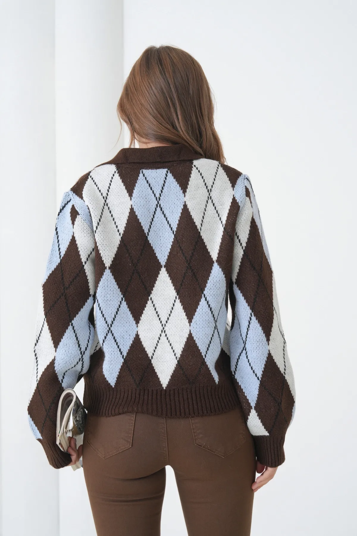 Kadın Polo Yaka Baklava Desenli Yumuşak Dokulu Triko Kazak