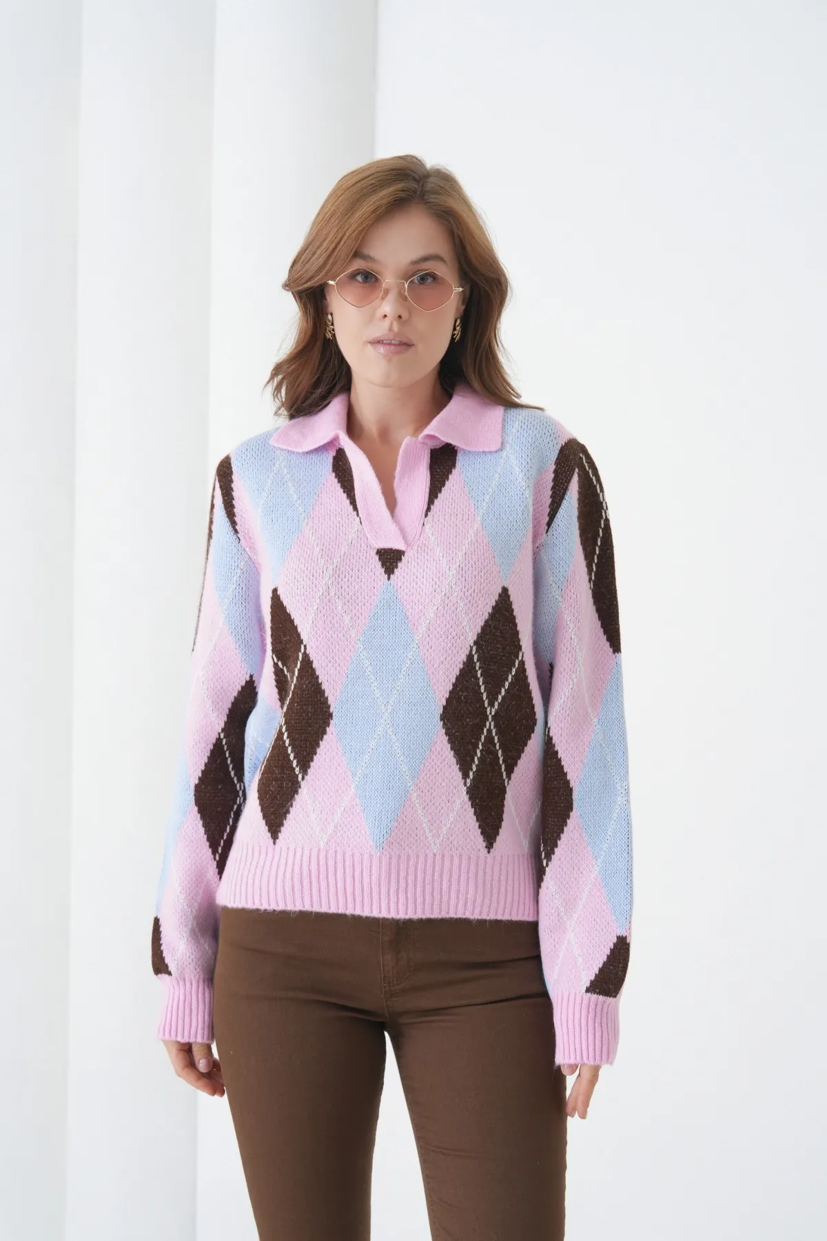 Kadın Polo Yaka Baklava Desenli Yumuşak Dokulu Triko Kazak