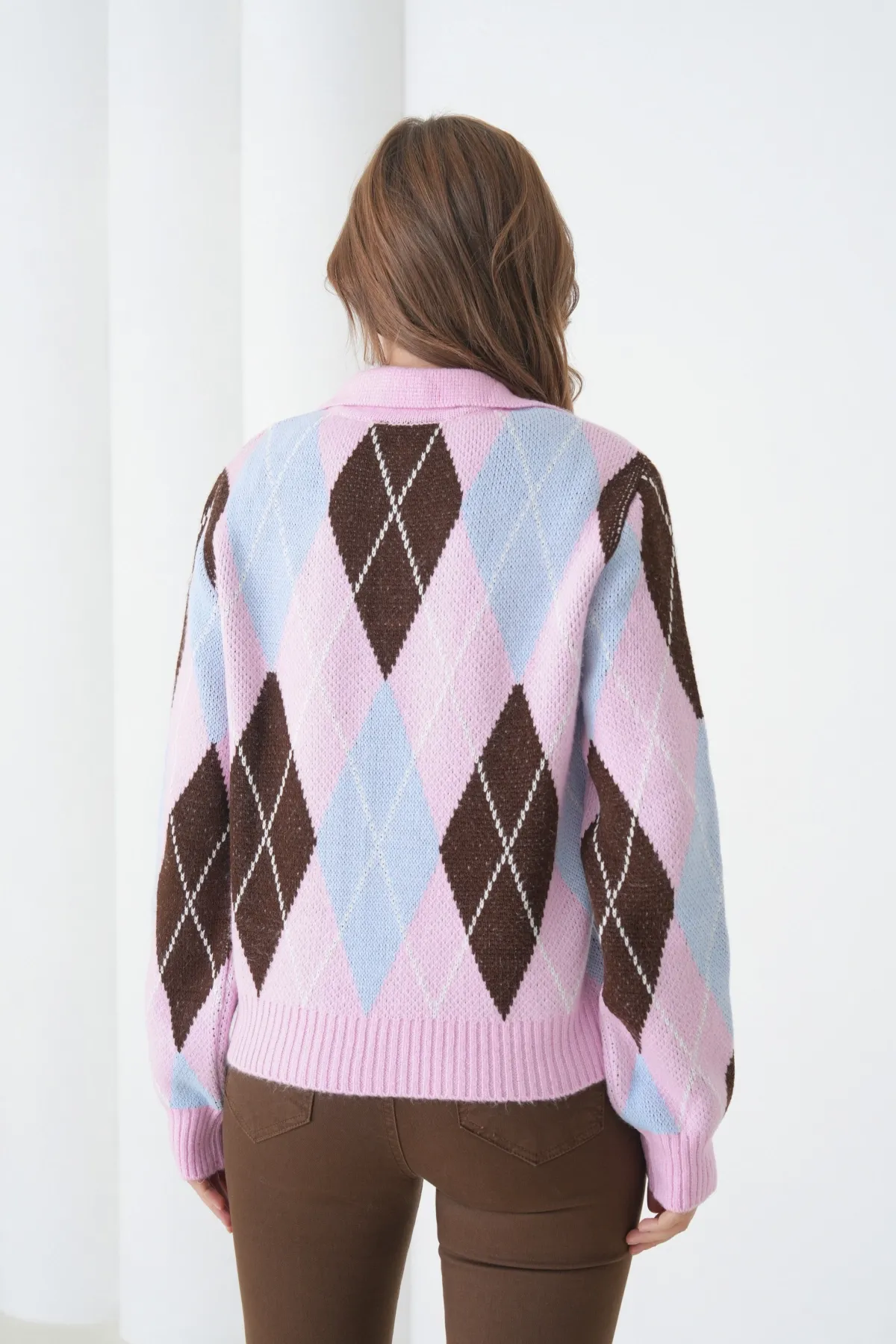 Kadın Polo Yaka Baklava Desenli Yumuşak Dokulu Triko Kazak