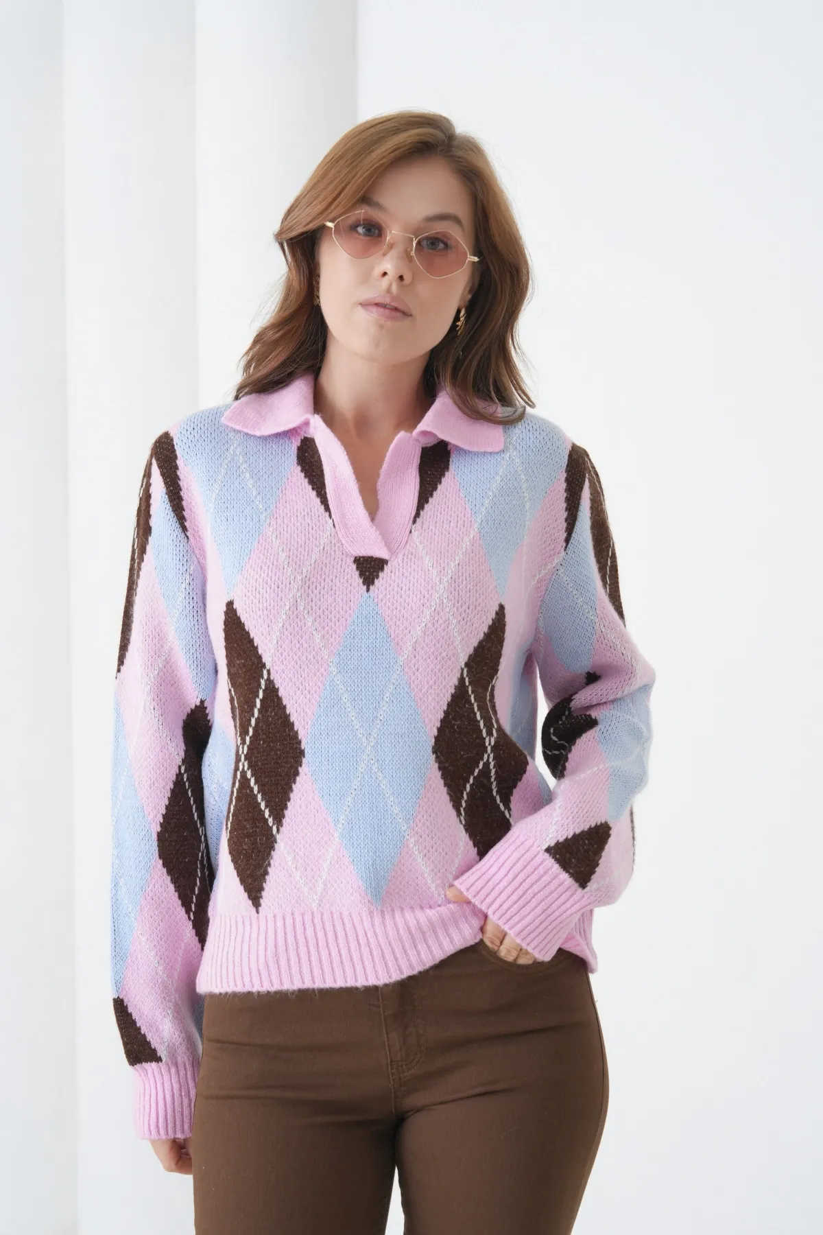 Kadın Polo Yaka Baklava Desenli Yumuşak Dokulu Triko Kazak