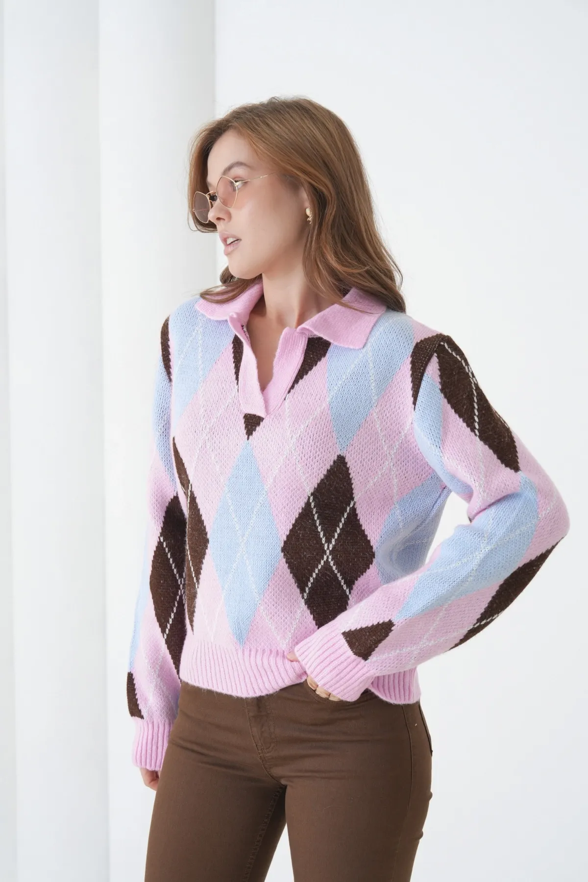 Kadın Polo Yaka Baklava Desenli Yumuşak Dokulu Triko Kazak