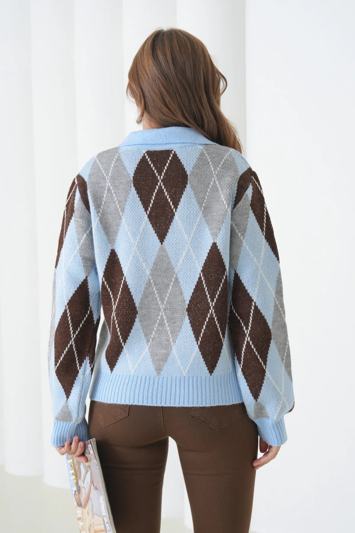 Kadın Polo Yaka Baklava Desenli Yumuşak Dokulu Triko Kazak