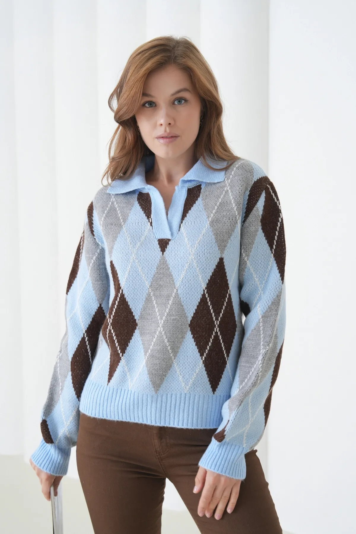 Kadın Polo Yaka Baklava Desenli Yumuşak Dokulu Triko Kazak