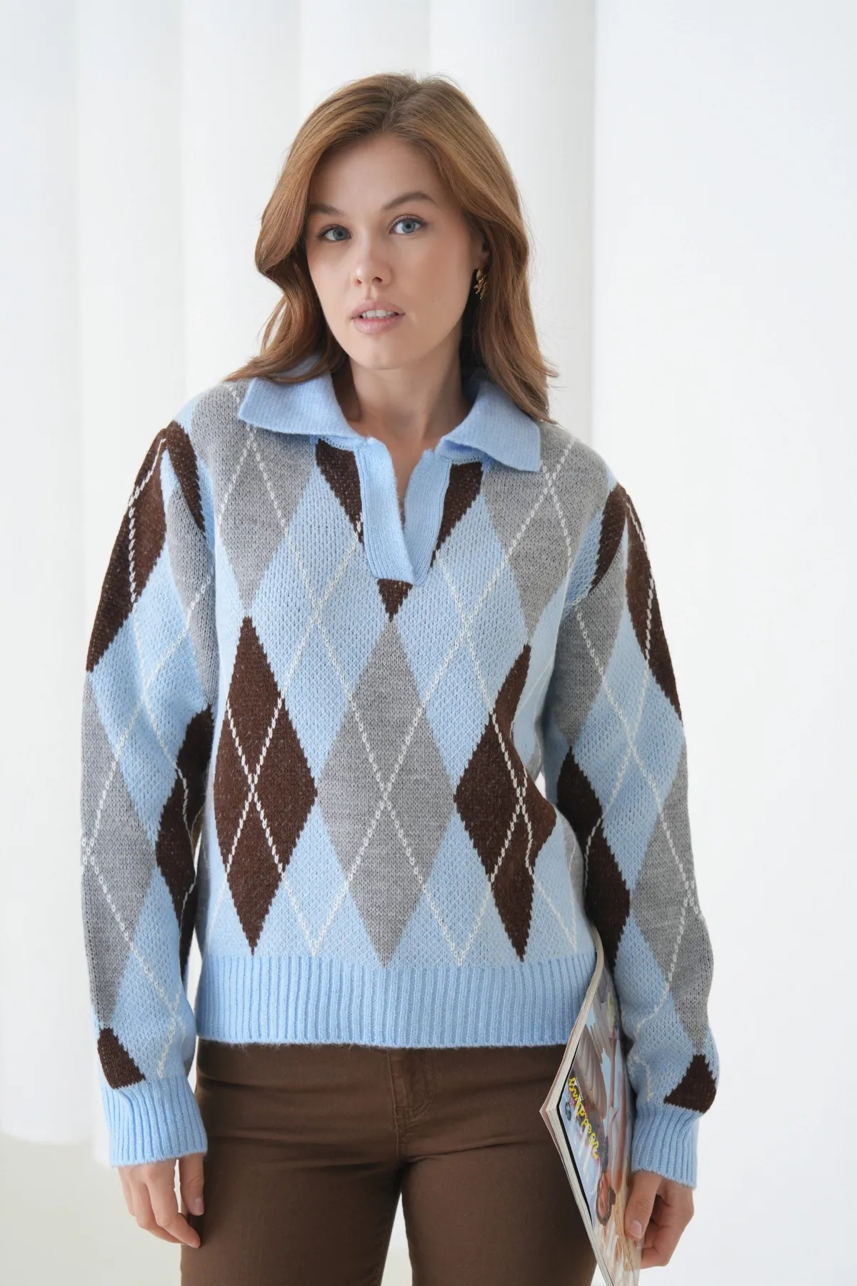 Kadın Polo Yaka Baklava Desenli Yumuşak Dokulu Triko Kazak